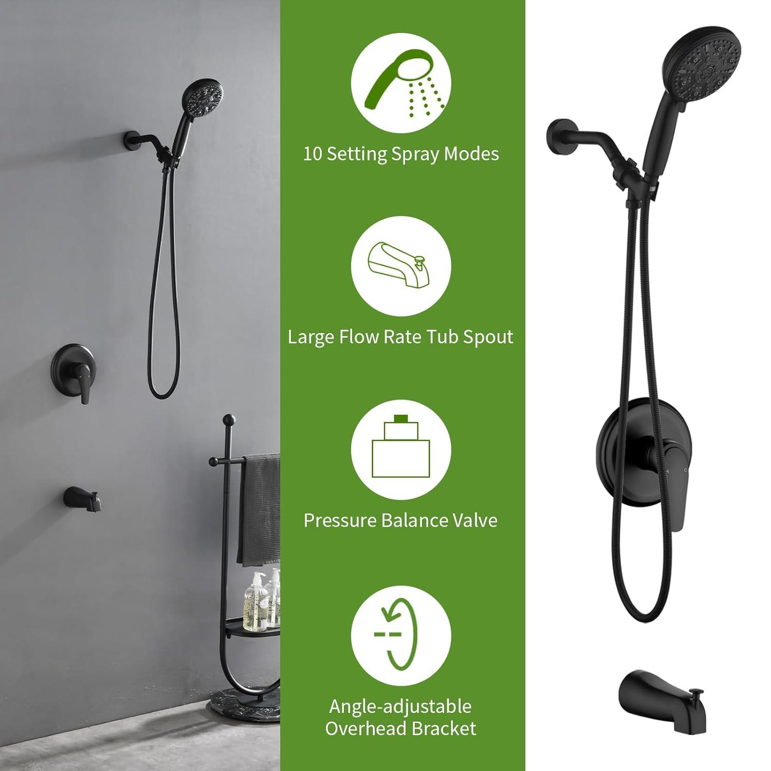 Tub Shower Faucet Set with 10 Spray Handheld Shower Matte Black Shower Head and Handle Set Shower System with Tub Spout 4.7 Inch Shower Handheld Shower Fixtures Tub and Shower Trim Kit