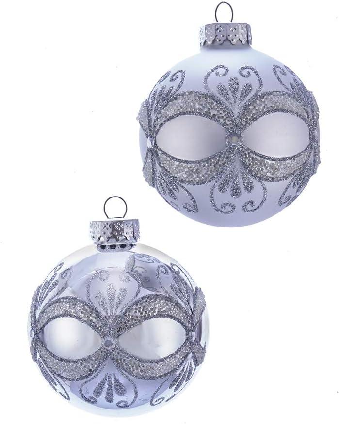 Kurt Adler 80MM Silver with Glitter and Sequins Glass Ball Ornaments, 6 Piece Box