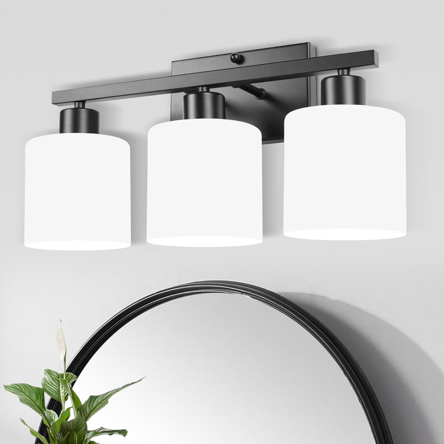 Black Modern 3-Light Bathroom Vanity Fixture with Milky White Glass Shades