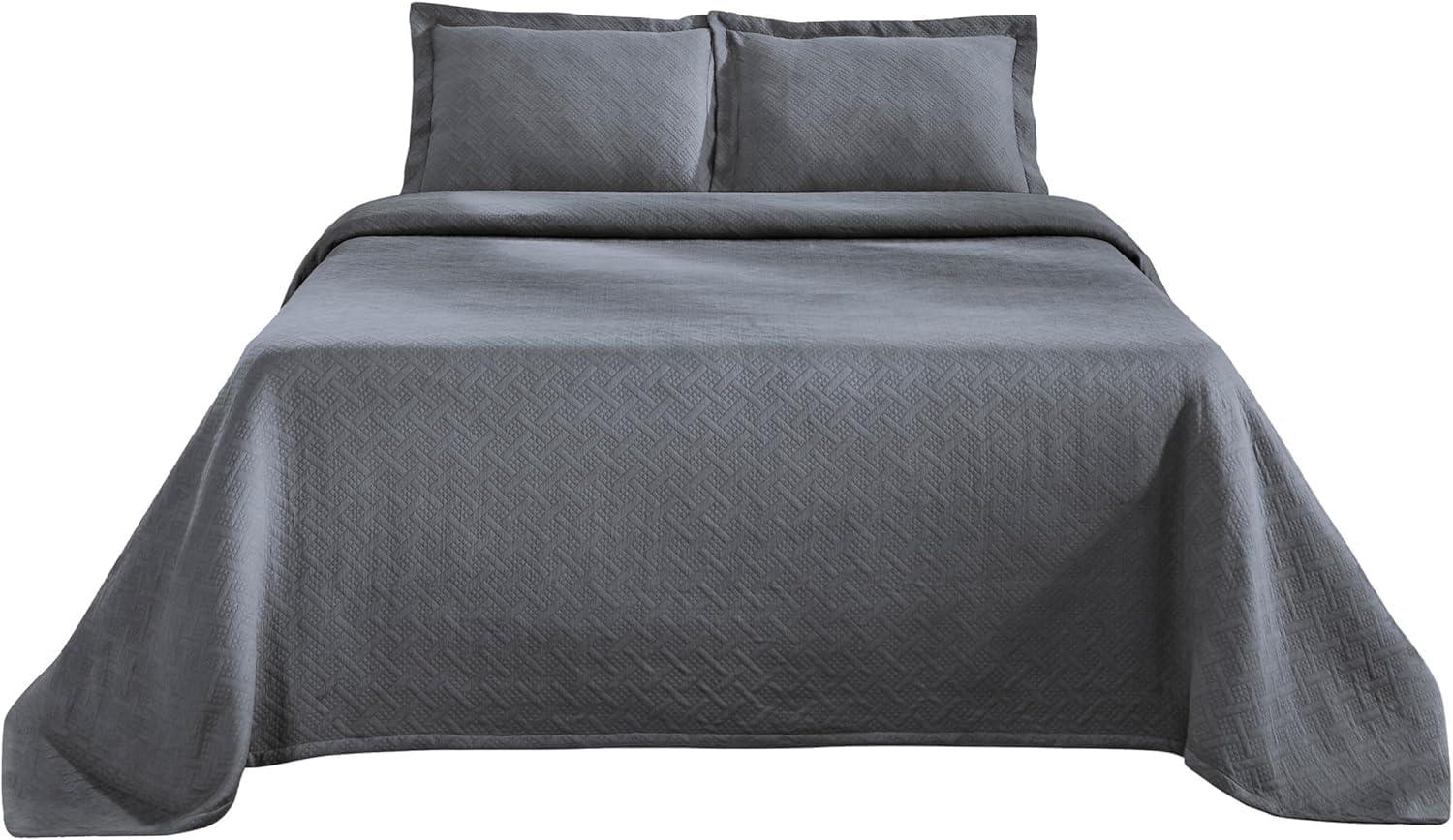 Superior Basketweave Cotton Decorative Bedspread and Sham Set, Queen, Gray