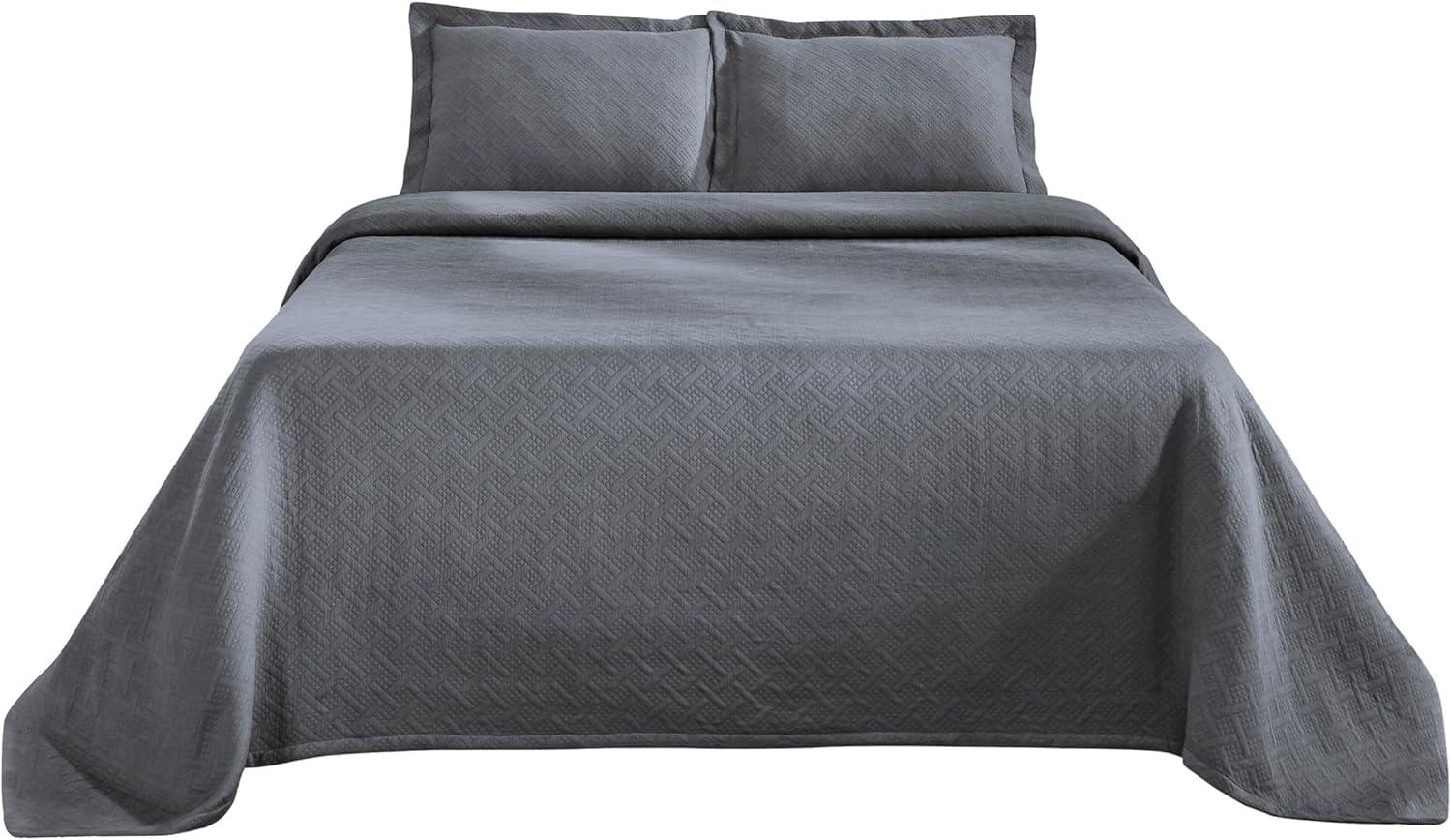 Superior Basketweave Cotton Decorative Bedspread and Sham Set, Queen, Gray