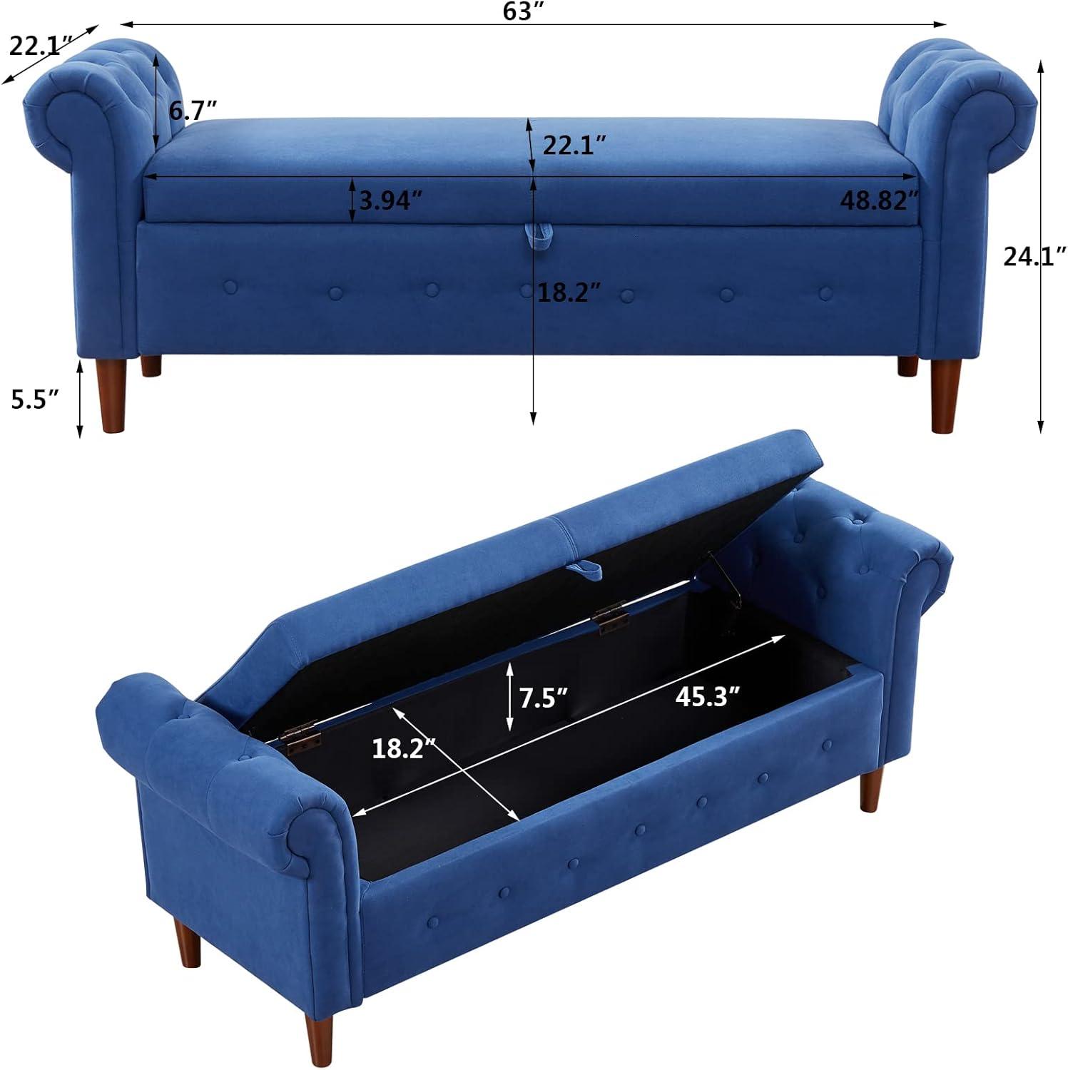 Navy Blue Linen Rolled Arm Storage Bench with Wooden Legs