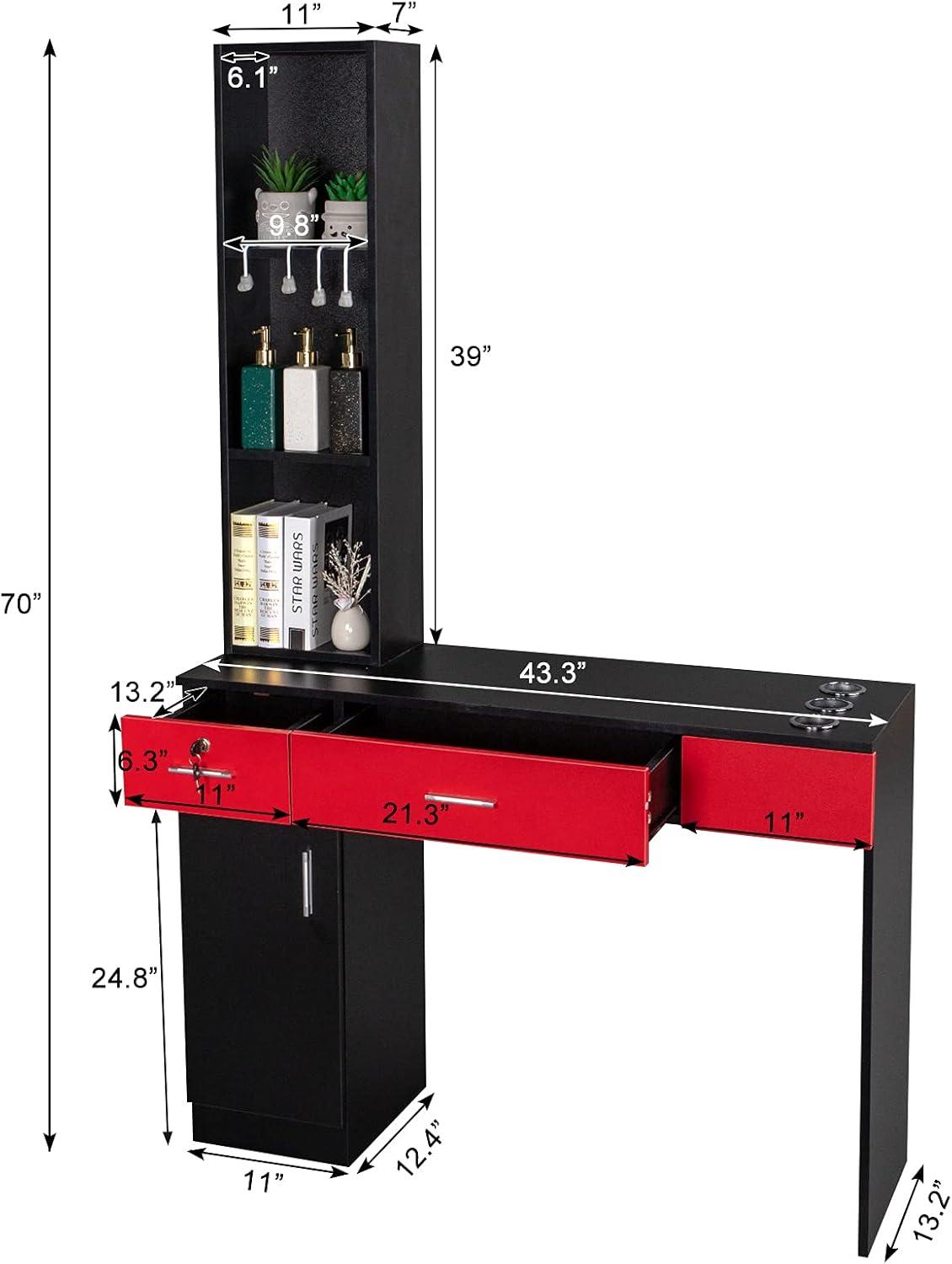 Inbox Zero Black Red Wall Mount Barber Station With 2 Drawers 1 Storage Cabinet 3 Open Shelves With Mirror