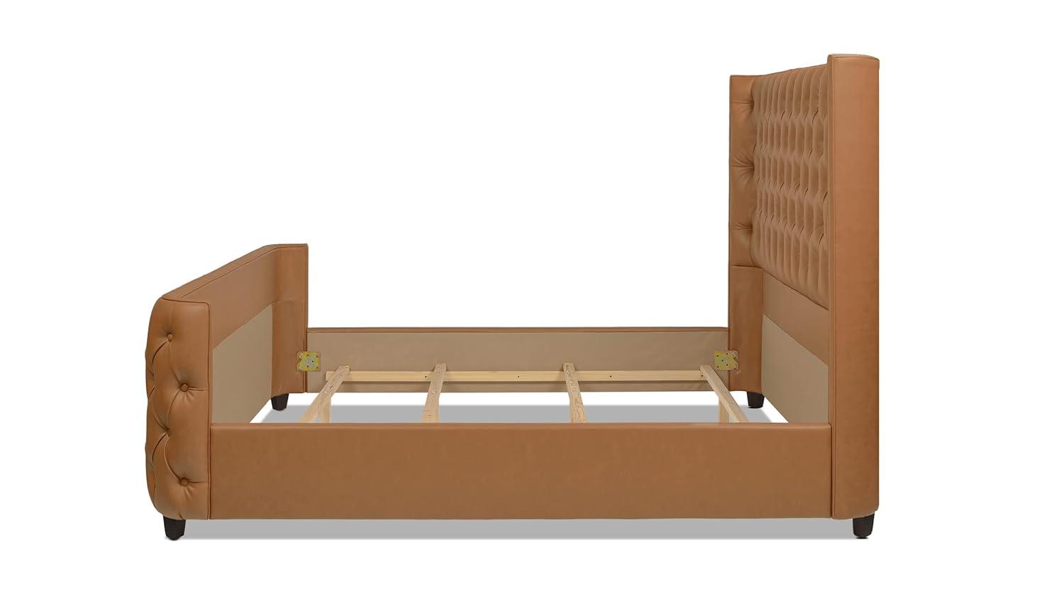 Grand Caramel Tan King Bed with Tufted Faux Leather Headboard