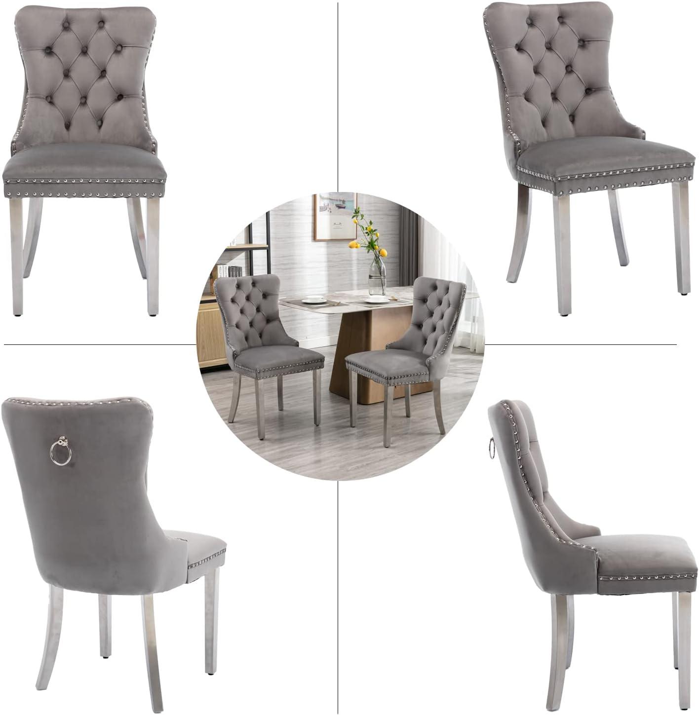 ODUSE-DAILY Grey Velvet Dining Chairs Set of 6, Kitchen & Dining Room Chairs, Sillas De Comedor, Nailheads Tufted, Fabric Upholstered, Solid Wood Frame (Gray, 6 Pcs)