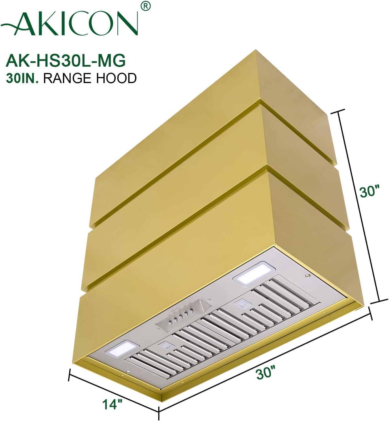 Akicon Stainless Steel Range Hood, Modern Box Kitchen Hood with Powerful Vent Motor, Wall Mount, 30”W*30”H*14D, Matte Gold (AKHS30H-MG)