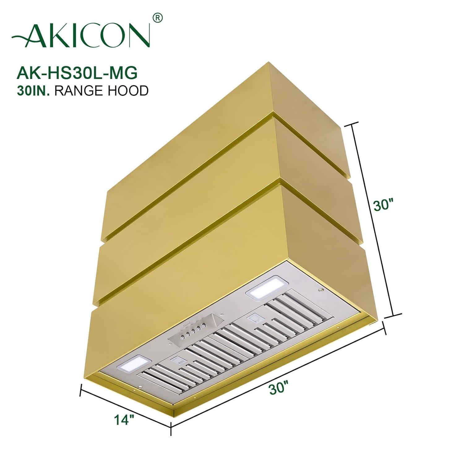 Akicon Stainless Steel Range Hood, Modern Box Kitchen Hood with Powerful Vent Motor, Wall Mount, 30”W*30”H*14D, Matte Gold (AKHS30H-MG)