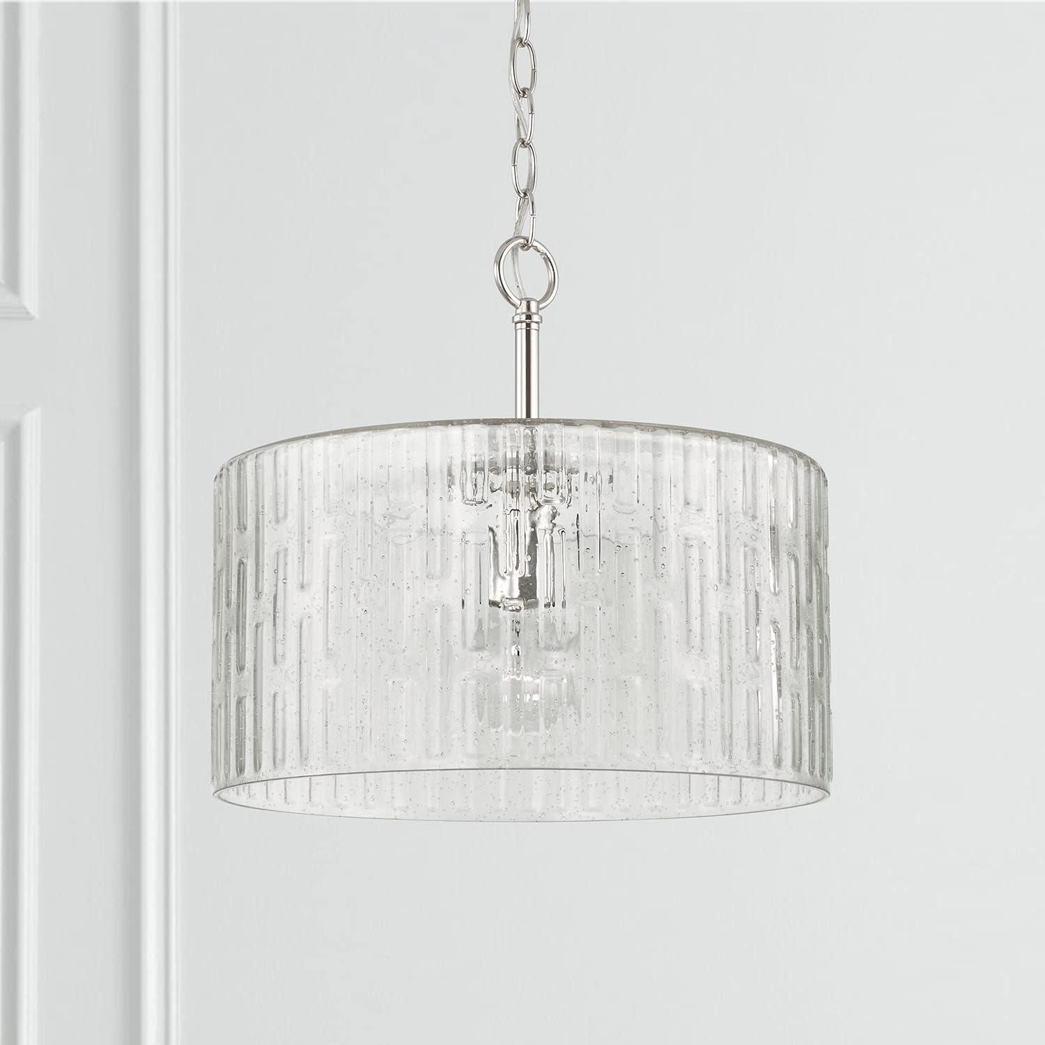 Emerson Geometric Seeded Glass Drum Pendant in Polished Nickel