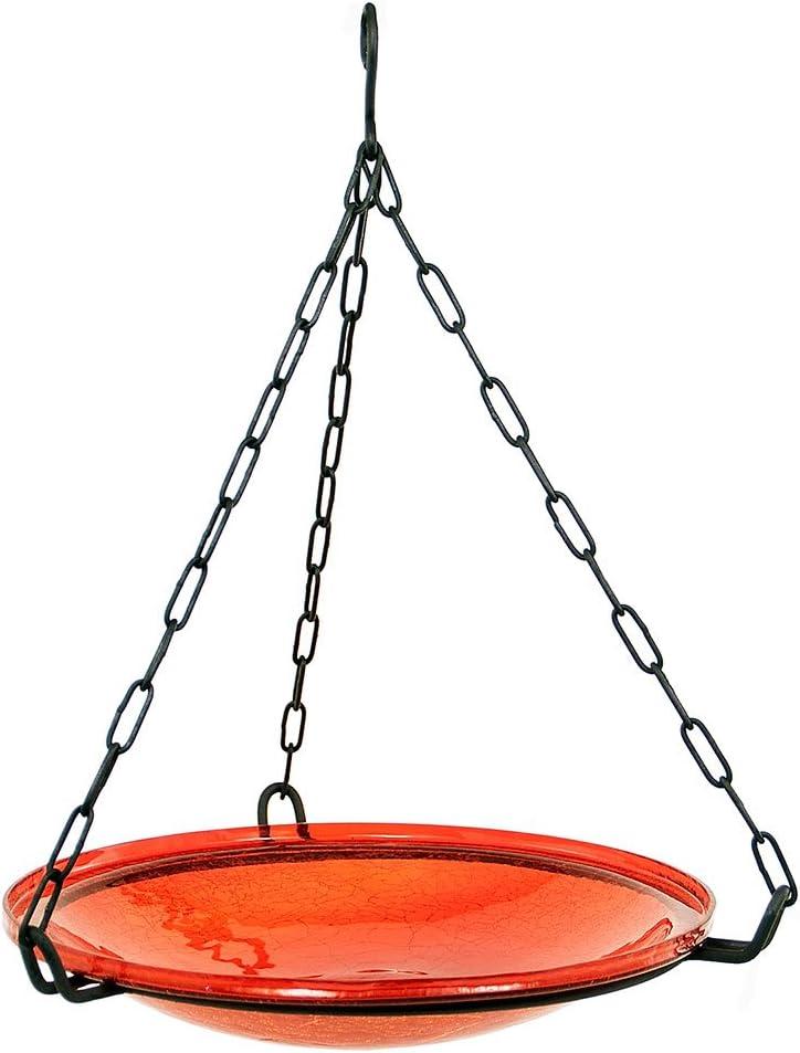 17" Reflective Crackle Glass Hanging Birdbath Bowl Red - Achla Designs: Weather-Resistant, No Assembly, Iron Chain