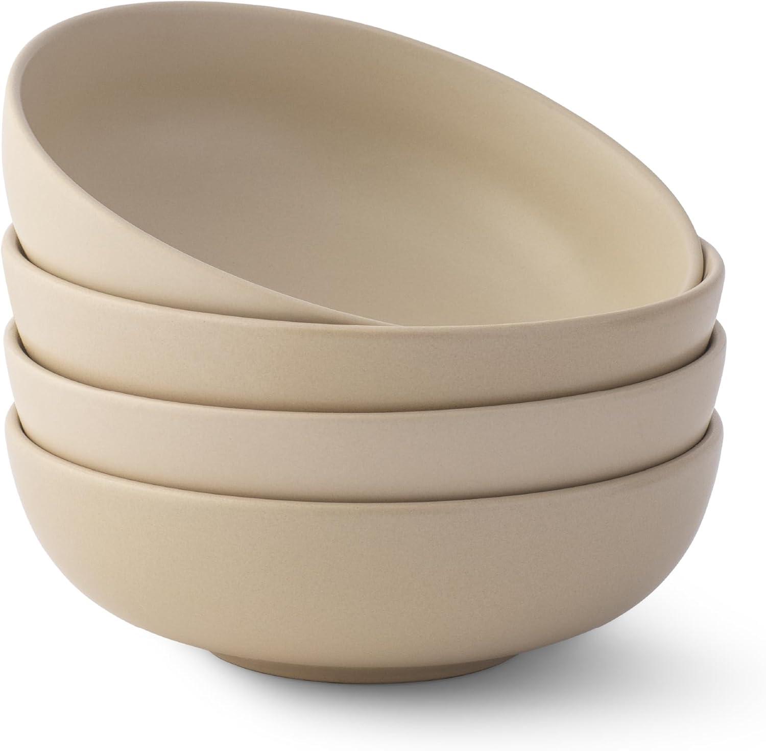 JoyJolt Mesa 4-Piece Stoneware Pasta Bowls Set – 30oz – Matte Beige