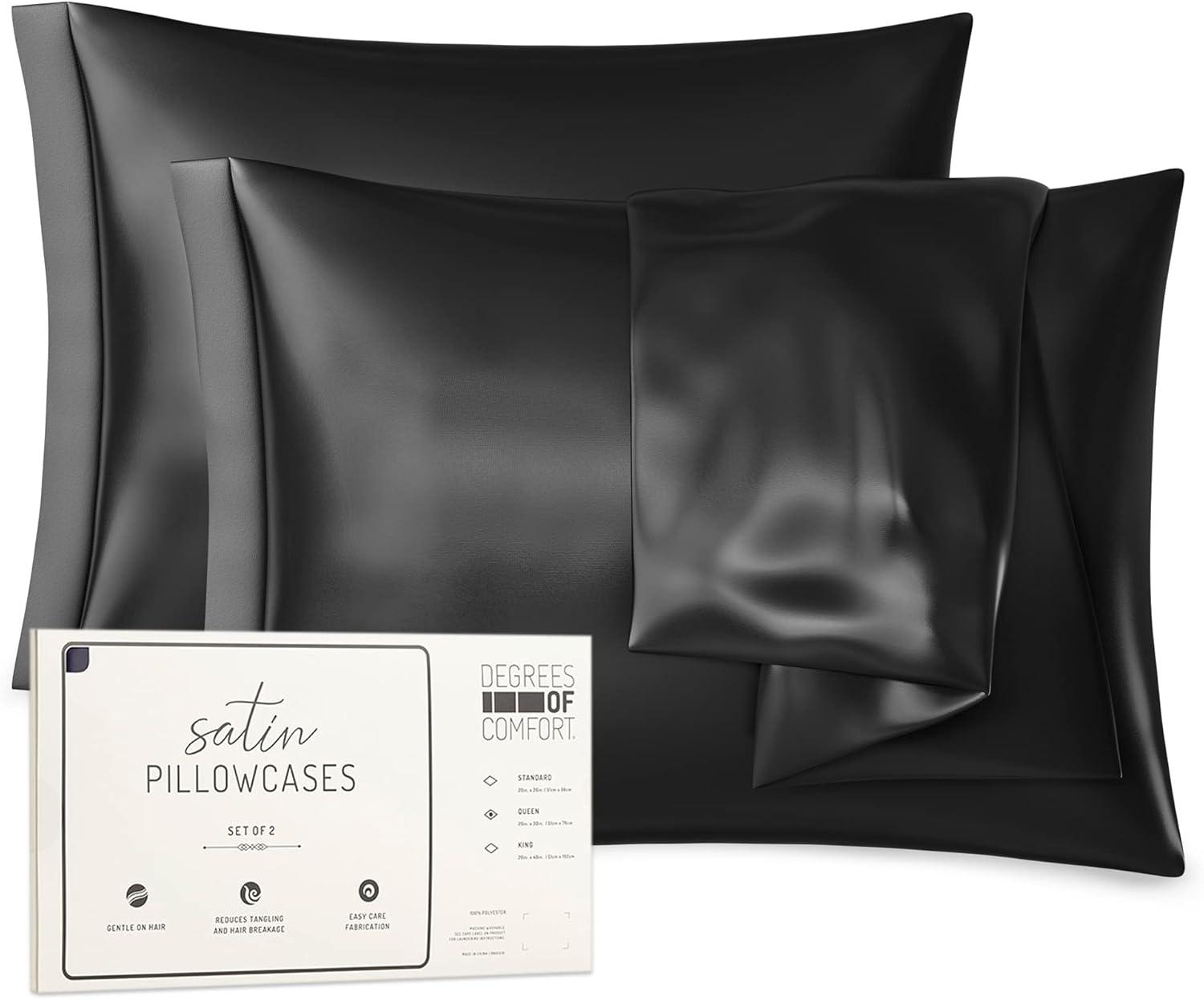 DRMHM Satin Pillow Shams with Envelope Closure Soft and Smooth Set of 2, Black Queen(20"x30")