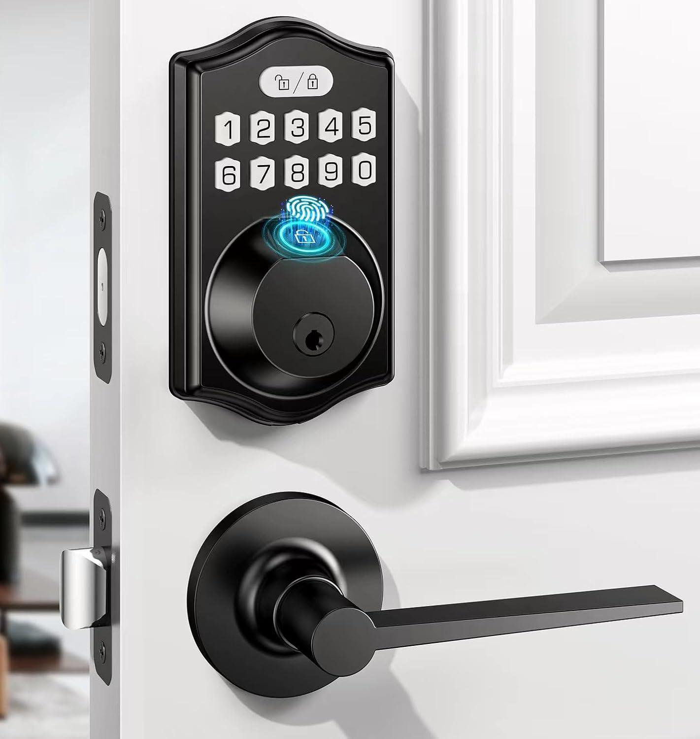 keyless Entry Door Lock deadbolt with Handle Set-Front Smart Door Locks for Front Door-with 2 Lever Handles-Electronic Keypad Code Deadbolt,Fingerprint Door Lock-Auto Lock (Oil Rubbed Bronze)