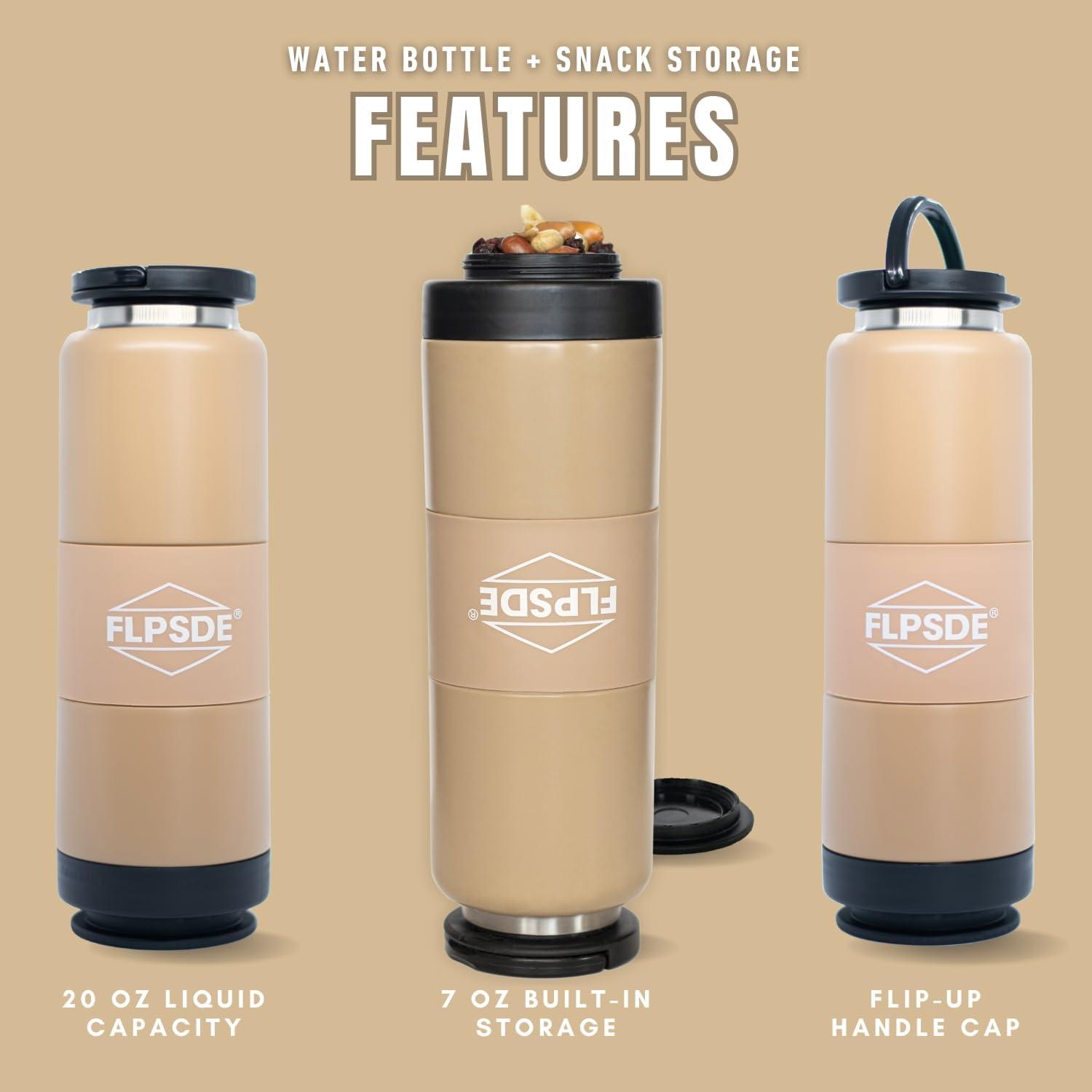 FLPSDE Water Bottle with Snack Compartment, Drink & Snack Cup Combo, 20oz Stainless Steel Water Bottle with 7oz Snack Container, Snack Storage, Dual Chamber Water Bottle