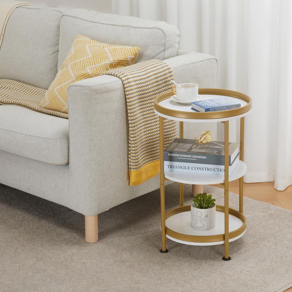 White and Gold Round End Table with 3 Shelves