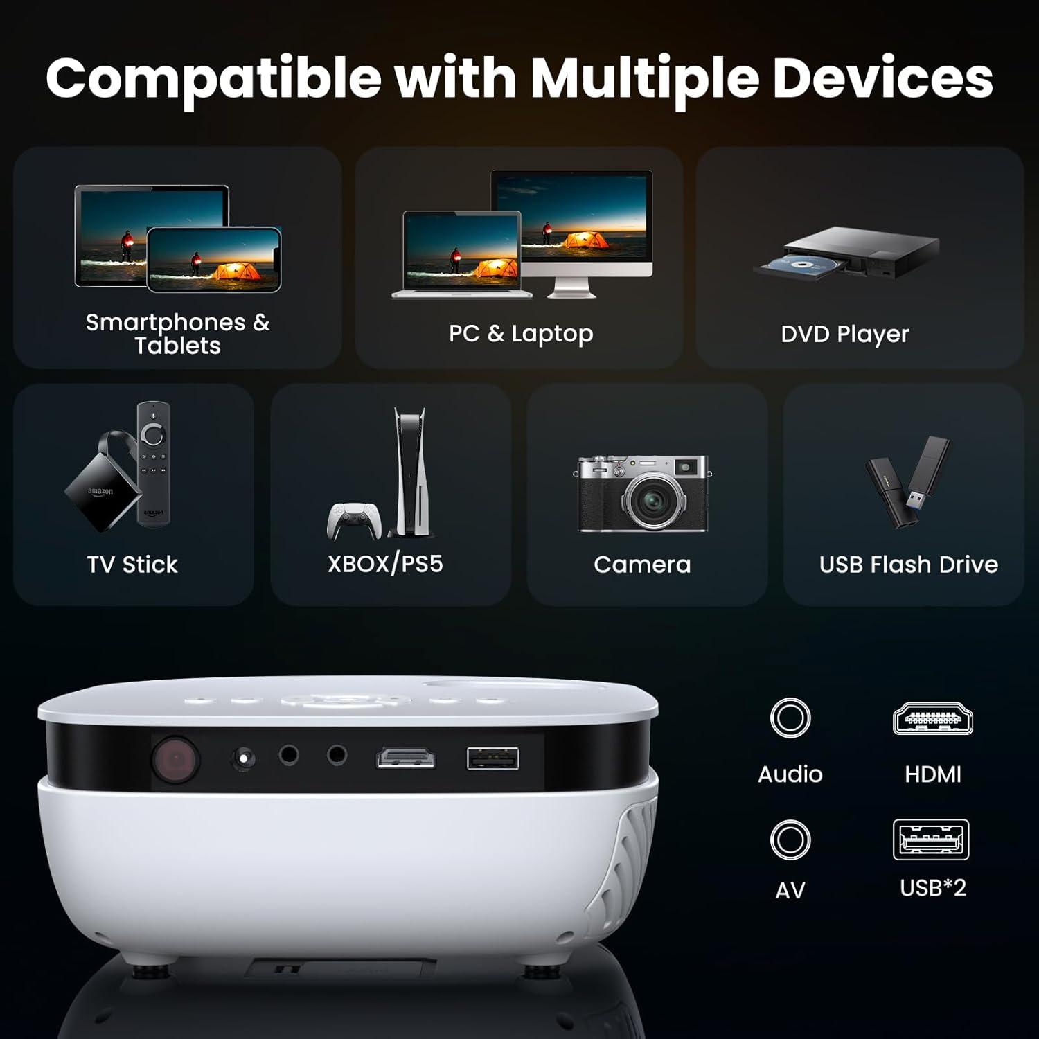 BEACHWATER POOL & SPA, LLC Outdoor Projector, Mini Projector For Home Theater, 1080P And 240" Supported Movie Projector 7500 L Portable Home Video Projector Compatible With Smartphone/TV Stick/PS4/PC/Laptop
