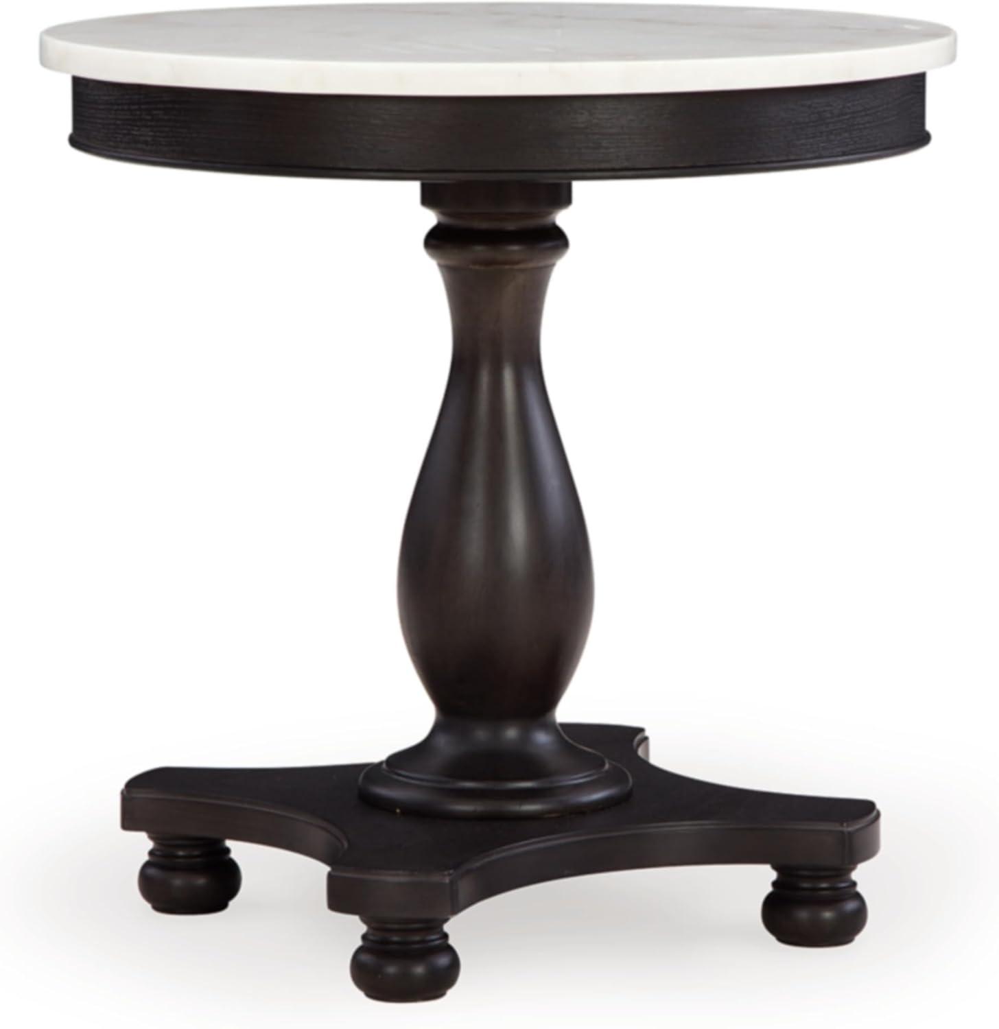 Signature Design by Ashley Henridge Traditional 24.13 Inch Circular Accent Table with White Marble Tabletop, White & Black