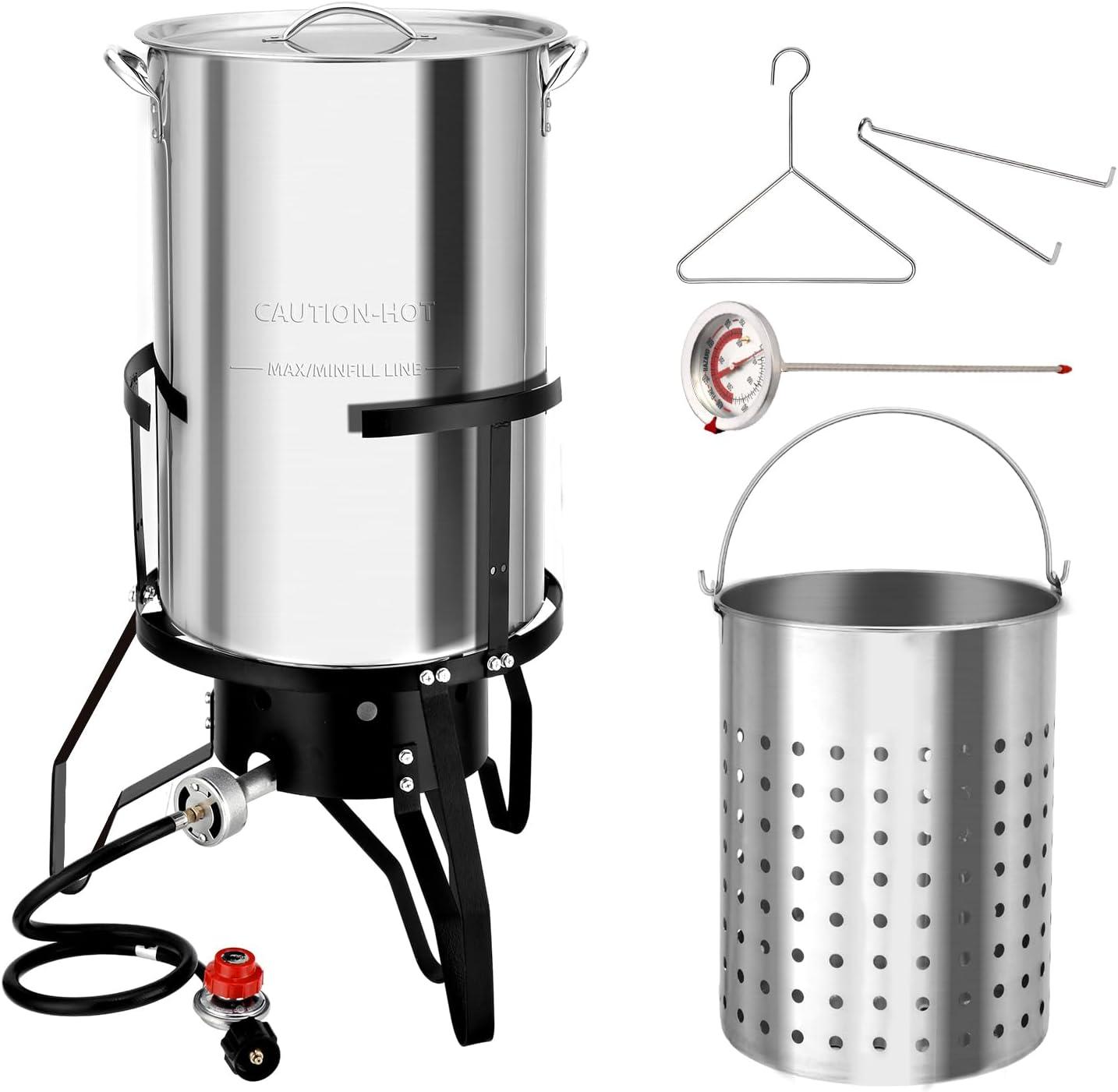 ROVSUN 50QT Turkey Fryer with Stainless Steel Boiler Steamer Basket & 54,000BTU Propane Burner, Outdoor Gas Deep Fryer & Seafood Crawfish Boil Pot Set with High Pressure Propane Regulator and Hose