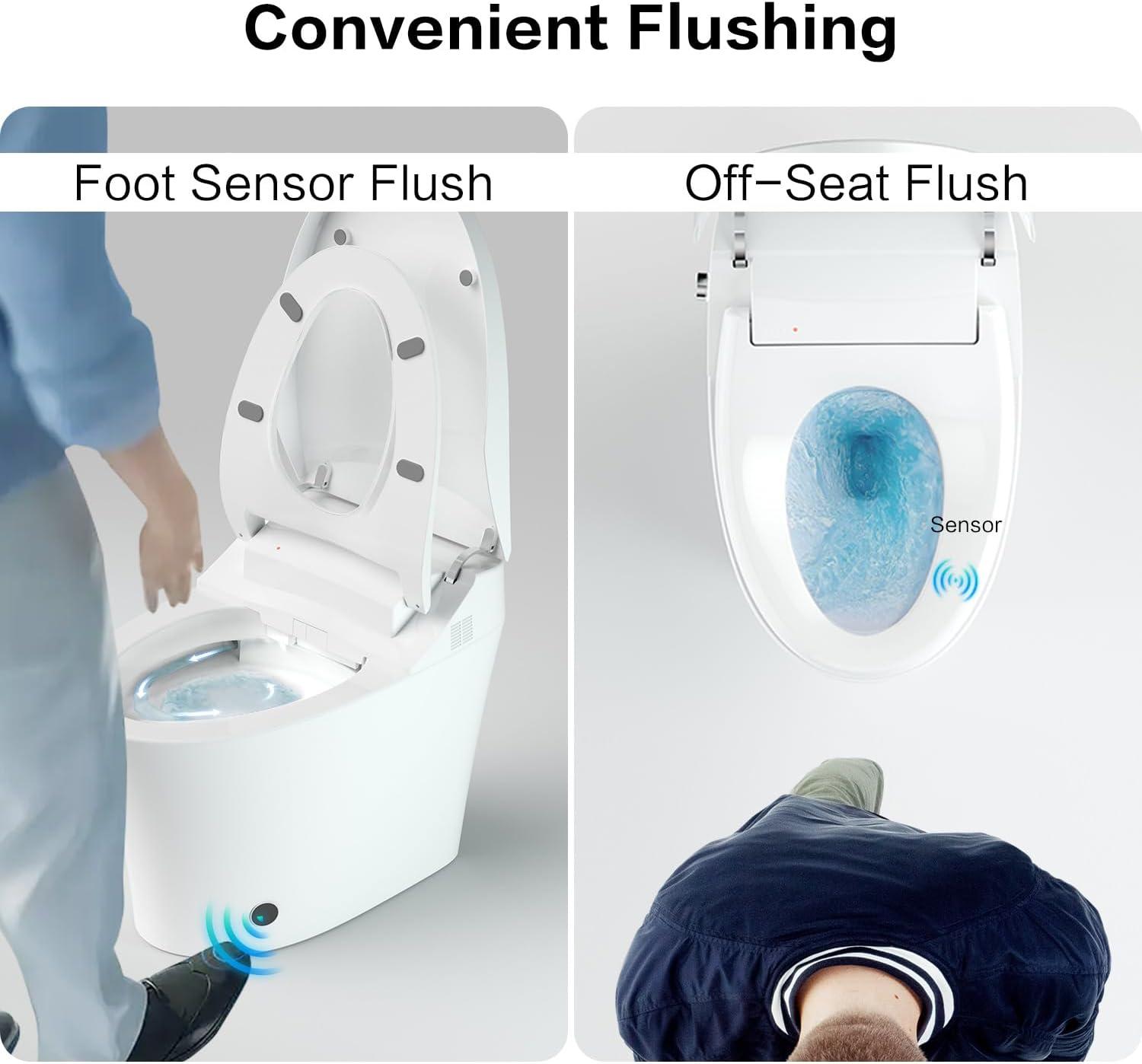 Smart Toilet with Warm Water Sprayer, Foot Sensor Operation, Heated Bidet Seat, Raised Tankless Toilet with LED Display