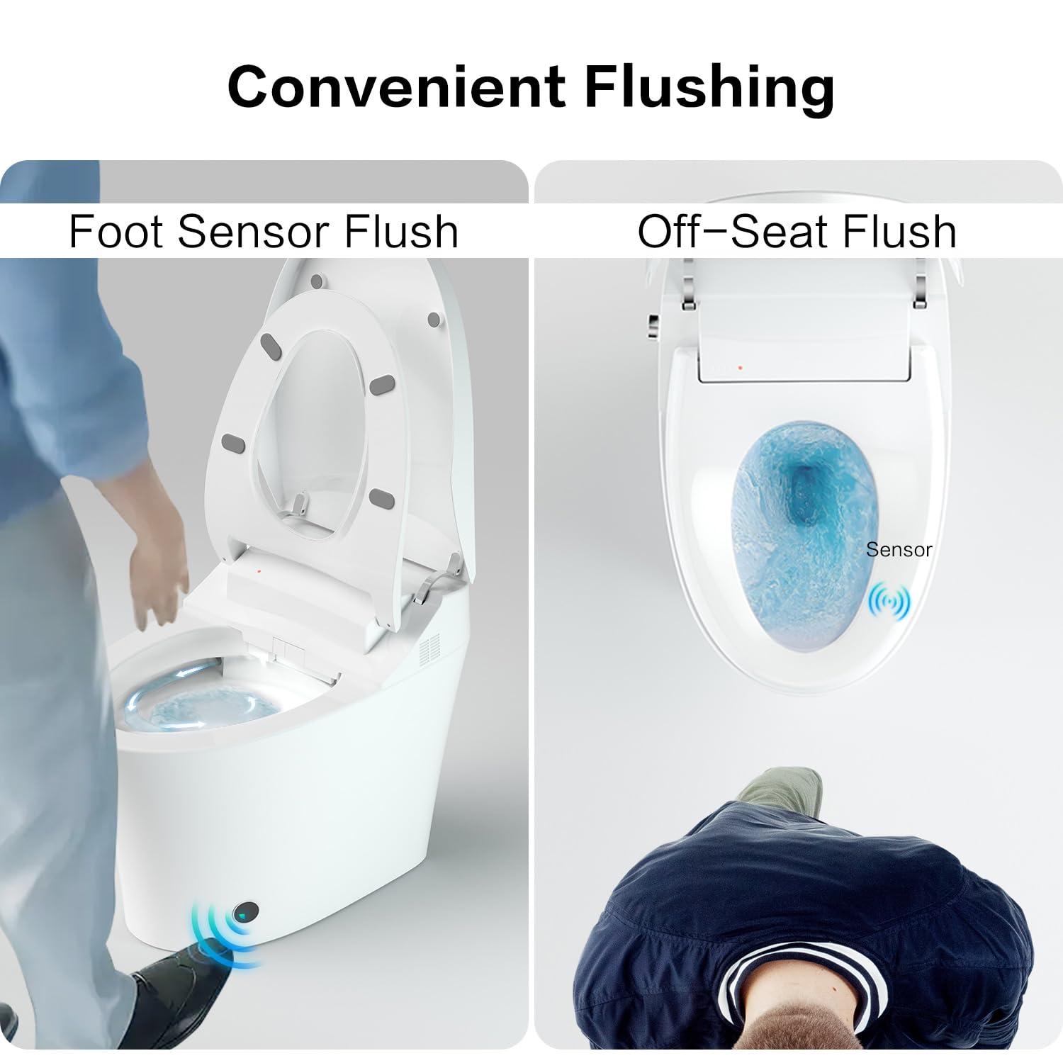 Smart Toilet with Warm Water Sprayer, Foot Sensor Operation, Heated Bidet Seat, Raised Tankless Toilet with LED Display