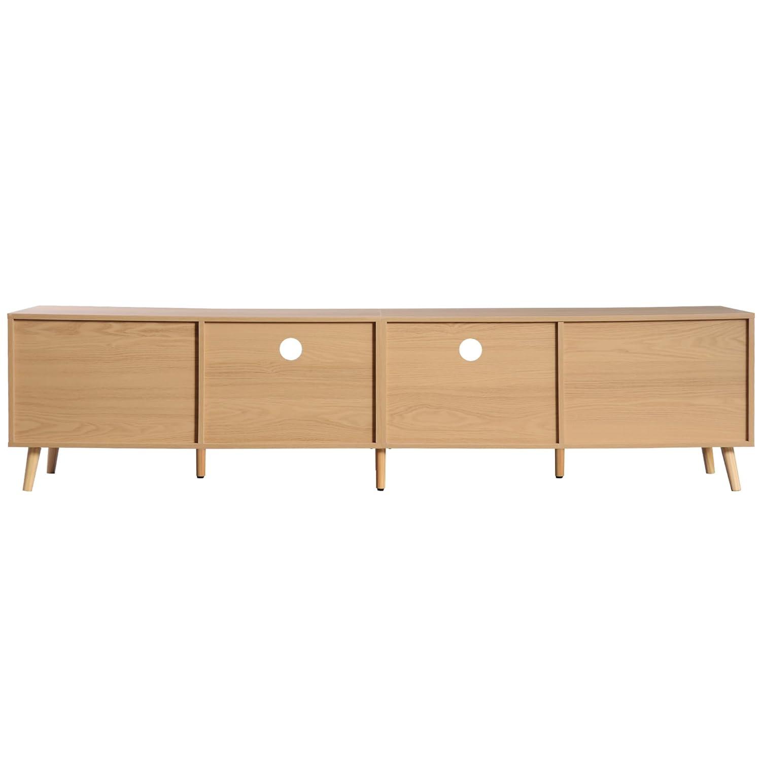 Rattan TV Stand for 85''+ TV, Mid Century Modern Entertainment Center with Rattan Decor Doors, Wood TV Console with 2 Doors & 2 Open Shelves & Drawers for Living Room, Bedroom, Natural