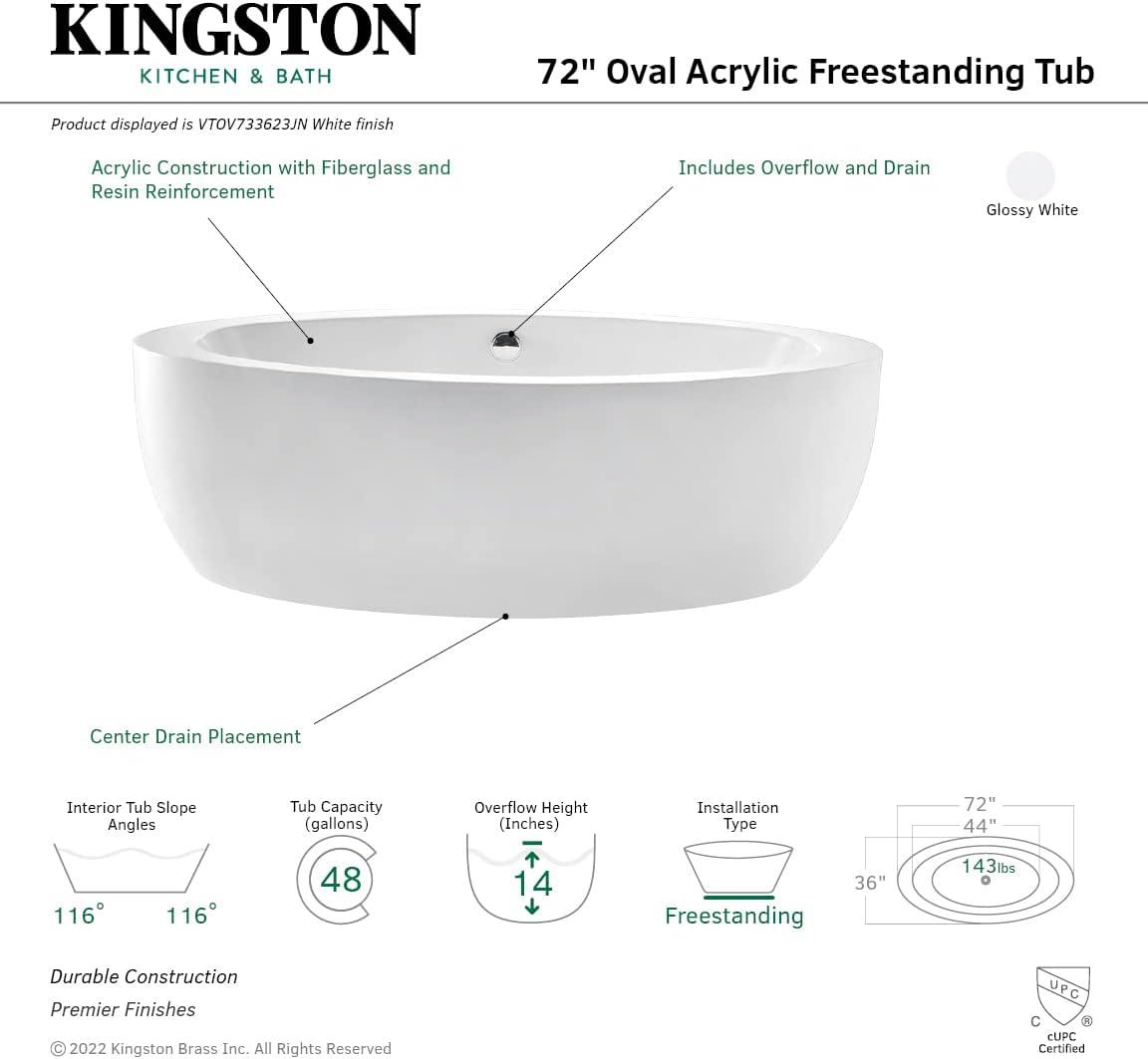 Kingston Brass Aqua Eden 72-Inch Acrylic Oval Double Ended Freestanding Tub with Drain