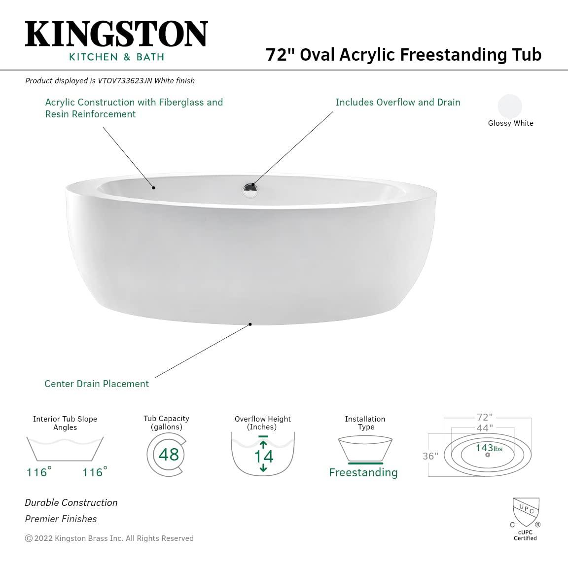 Kingston Brass Aqua Eden 72-Inch Acrylic Oval Double Ended Freestanding Tub with Drain
