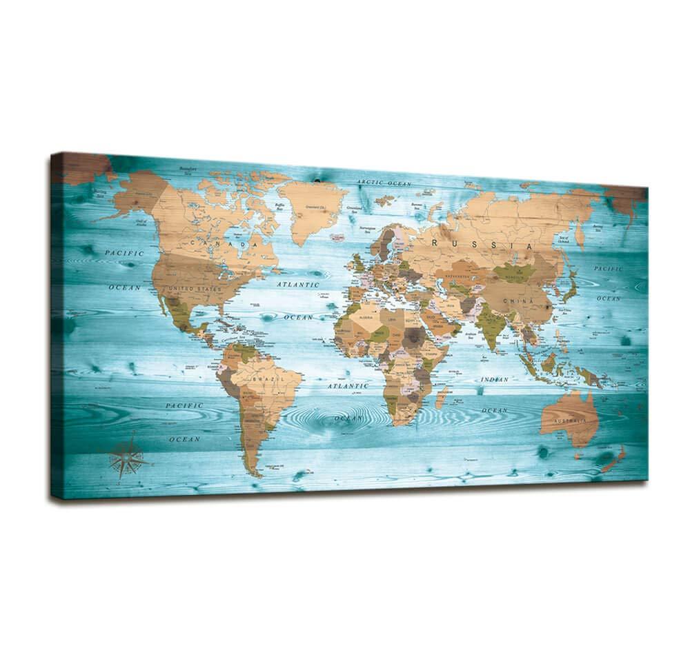 World Map Poster Wall Art for Office Decor Vintage Photos Canvas Prints Nautical Large Modern Framed Map of The World Canvas Wall Art Maps Pictures for Living Room Home Decor 24 x 48 Inches