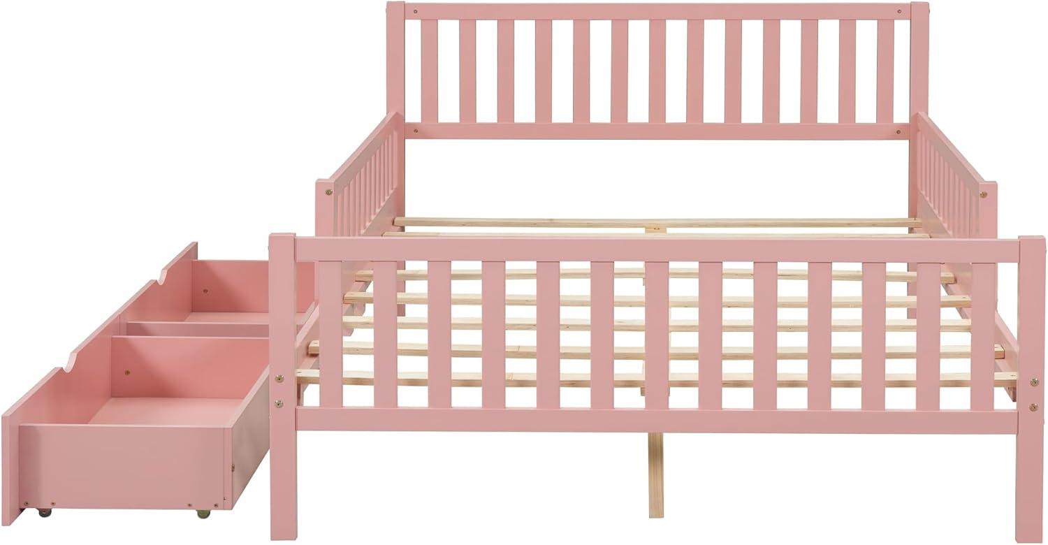 Harper & Bright Designs Full Storage Bed Frame for Kids, Wood Full Size Bed with 2 Drawers, Full Platform Bed with Guardrails on Both Sides for Kids, Girls, Boys, Pink