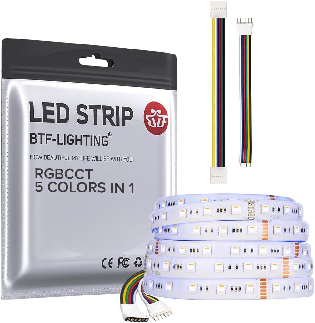 BTF-LIGHTING RGBCCT 5 Colors in 1 LED 5050SMD RGBWW RGB+Dimmable Tunable Color Temperature 2700K-6500K 16.4ft 60LEDs/m 300LEDs DC24V Multi-Colored Tape Lights IP30 White PCB(No Adapter or Controller)