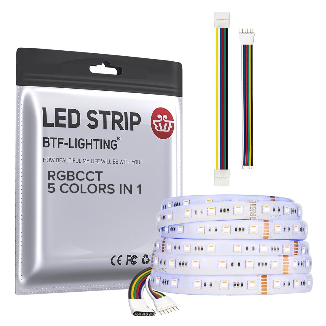 BTF-LIGHTING RGBCCT 5 Colors in 1 LED 5050SMD RGBWW RGB+Dimmable Tunable Color Temperature 2700K-6500K 16.4ft 60LEDs/m 300LEDs DC24V Multi-Colored Tape Lights IP30 White PCB(No Adapter or Controller)