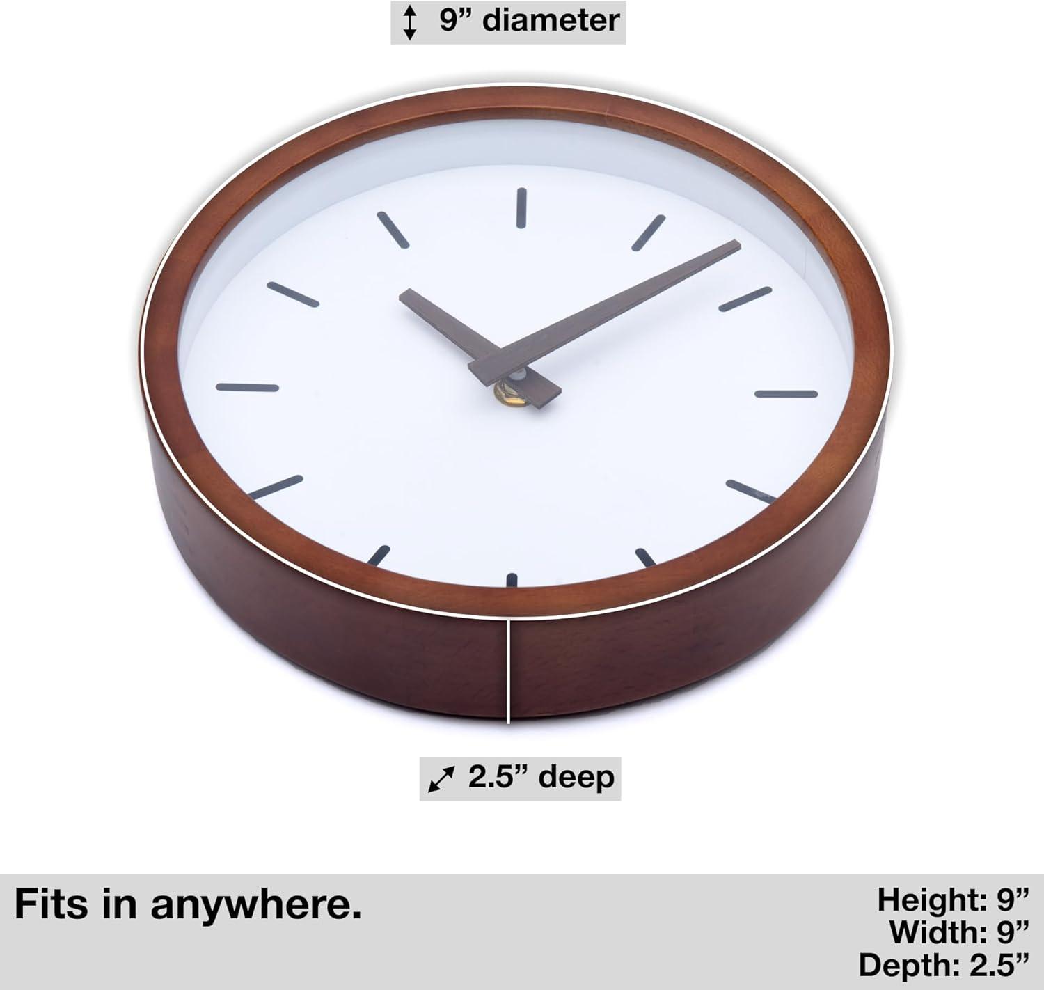 Driini Modern Mid Century Wood Analog Wall Clock (9") - Battery Operated with Silent Sweep Movement - Small Decorative Wooden Clocks for Bedrooms, Bathroom, Kitchen, Living Room, or Office…