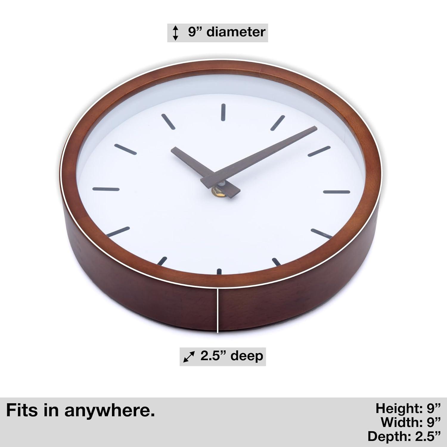 Driini Modern Mid Century Wood Analog Wall Clock (9") - Battery Operated with Silent Sweep Movement - Small Decorative Wooden Clocks for Bedrooms, Bathroom, Kitchen, Living Room, or Office…