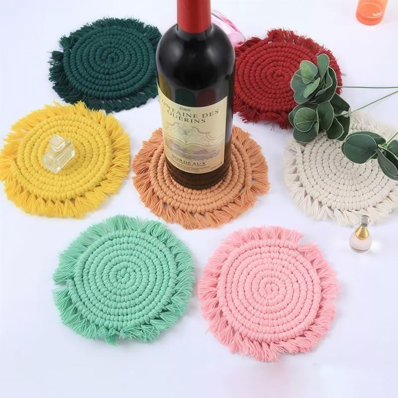 2 Posavasos Bohemios de Macramé para Bebidas, Posavasos Absorbentes con Borla, Posavasos Redondos de Algodón Hechos a Mano de 7 Pulgadas para Mesa de Escritorio, Cocina, Oficina, Hogar, Bar, Protección de Mesa, Regalo de Inauguración de la Casa, Rosa