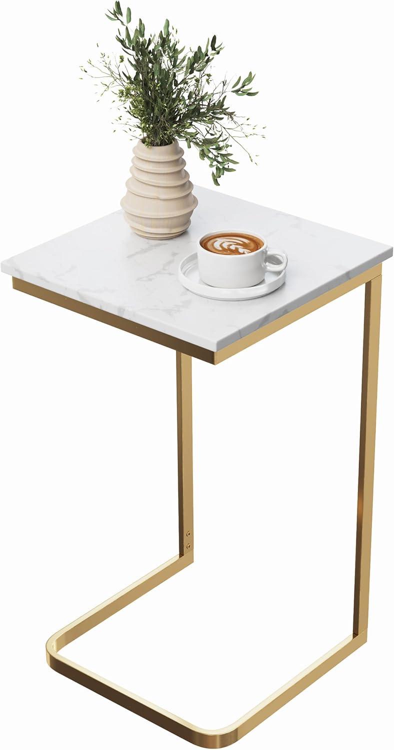C-Shaped End Table - Real Marble Side Table with Gold Iron Frame for Couch, Loveseat, or Bed - Modern Living Room Furniture by Lavish Home (White)