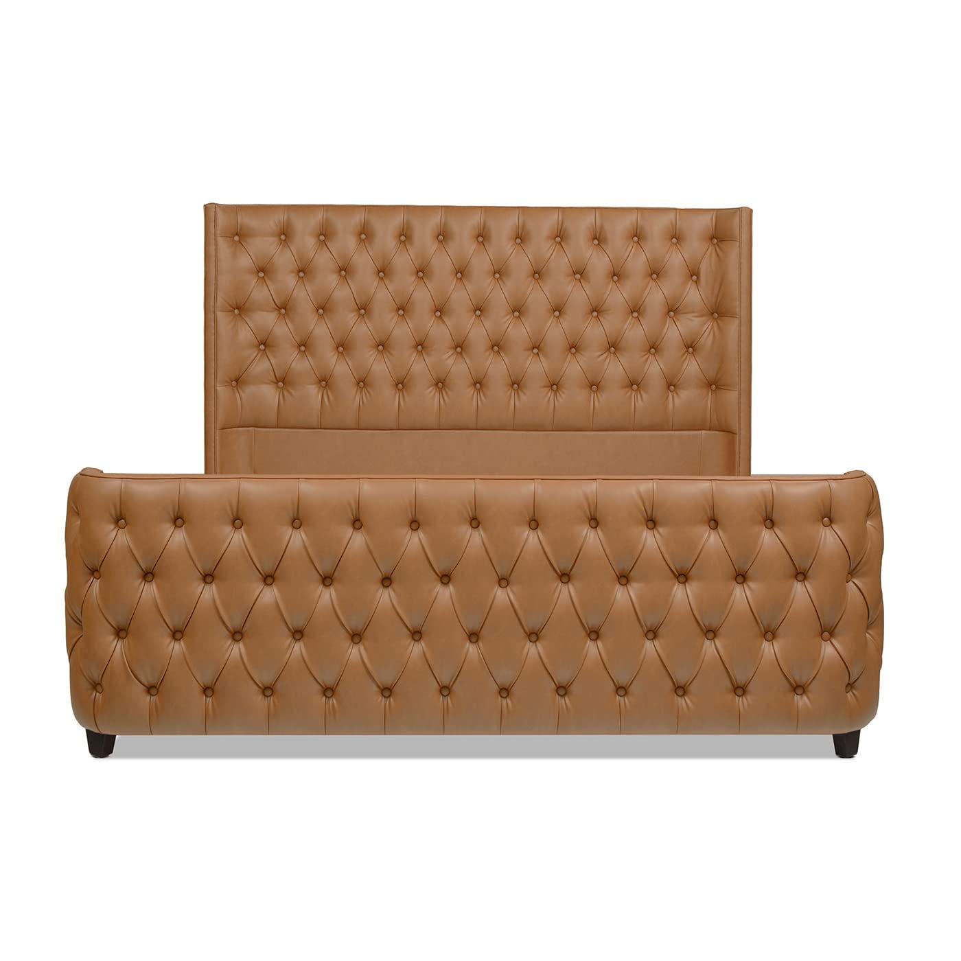 Grand Caramel Tan King Bed with Tufted Faux Leather Headboard