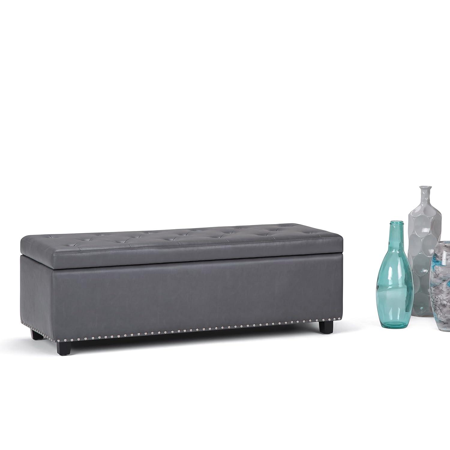 Simpli Home Hamilton 48"W Upholstered Storage Ottoman Bench with Lift-Top Lid, Tufted Design, and Nailhead Trim