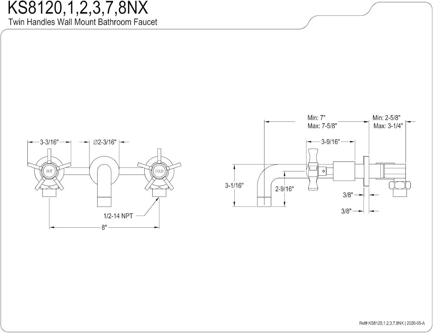 Kingston Brass Hamilton Two-Handle 3-Hole Wall Mount Bathroom Faucet