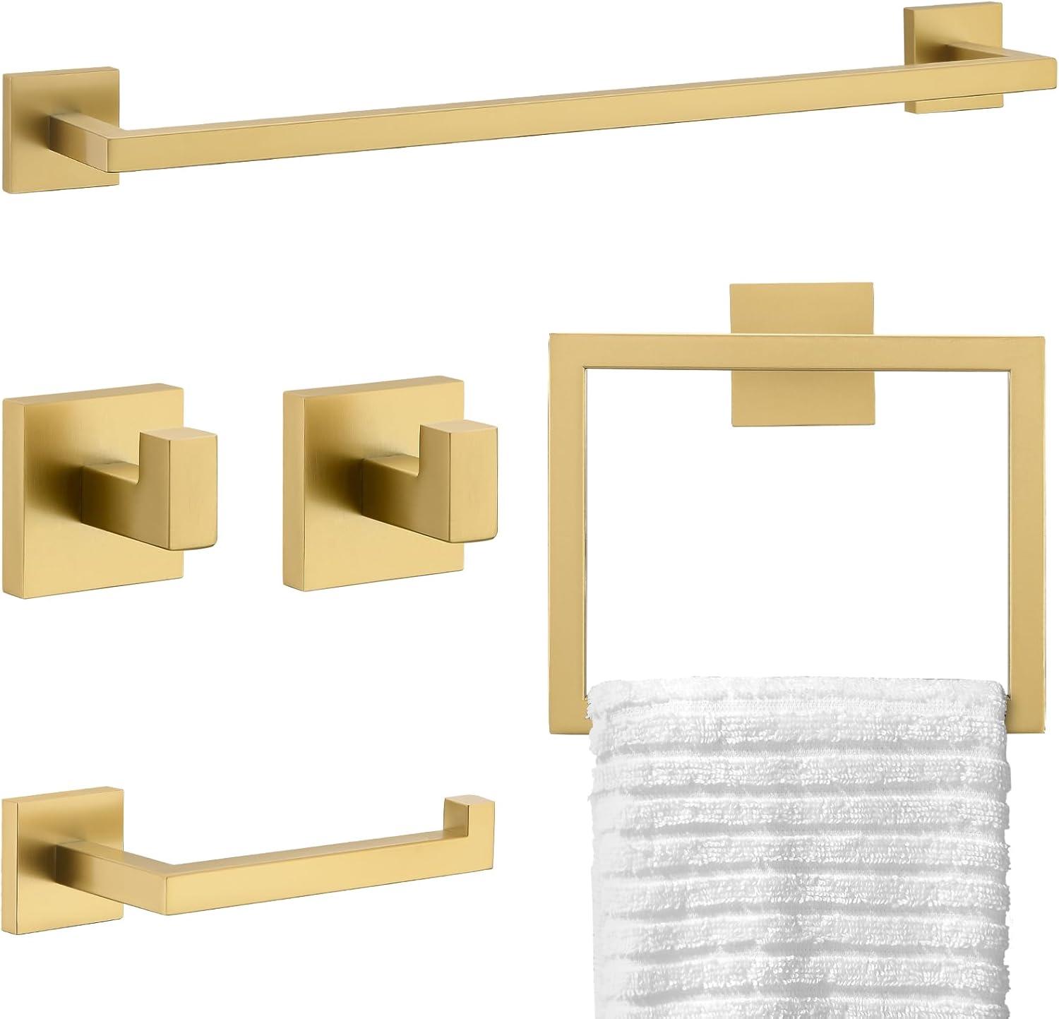 5-Piece Bathroom Hardware Accessories Set 23.6 inch brushed Gold Towel Bar Towel Rack Sets Modern Towel Ring Kit Stainless Steel Wall Mounted