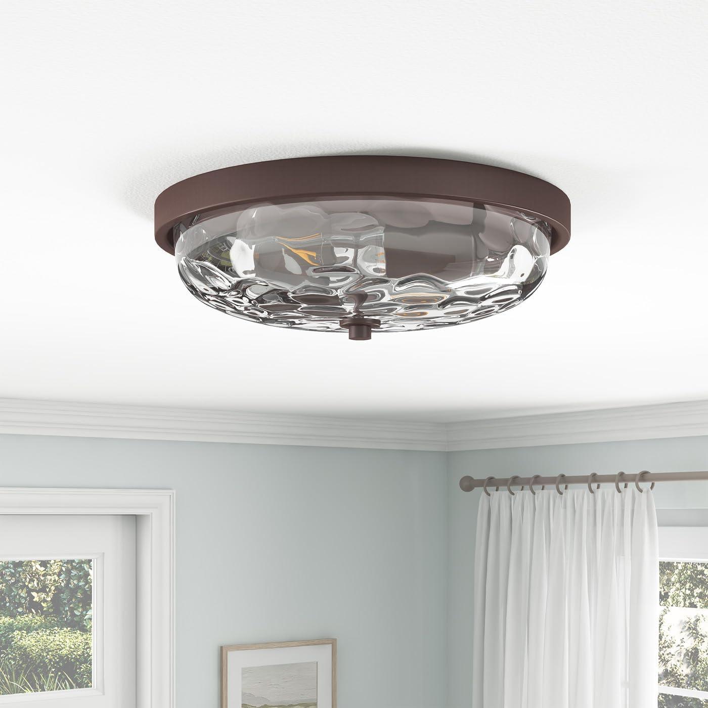 Aiwen Modern 12.99 in 2 Light Close to Ceiling Lights Farmhouse Oil Rubbed Bronze Flush Mount Ceiling Light Fixture with Water Ripple Glass Shade for Bedroom Hallway E26