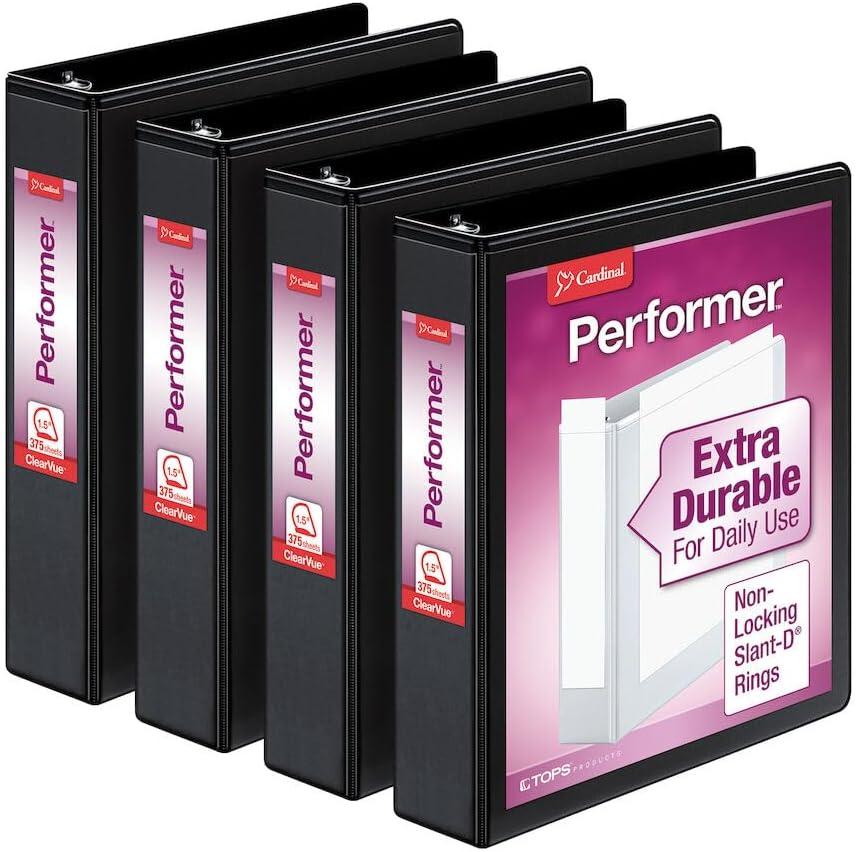 Cardinal Performer ClearVue Slant-D Ring Binder, 3 Rings, 5" Capacity, 11 x 8.5, Black