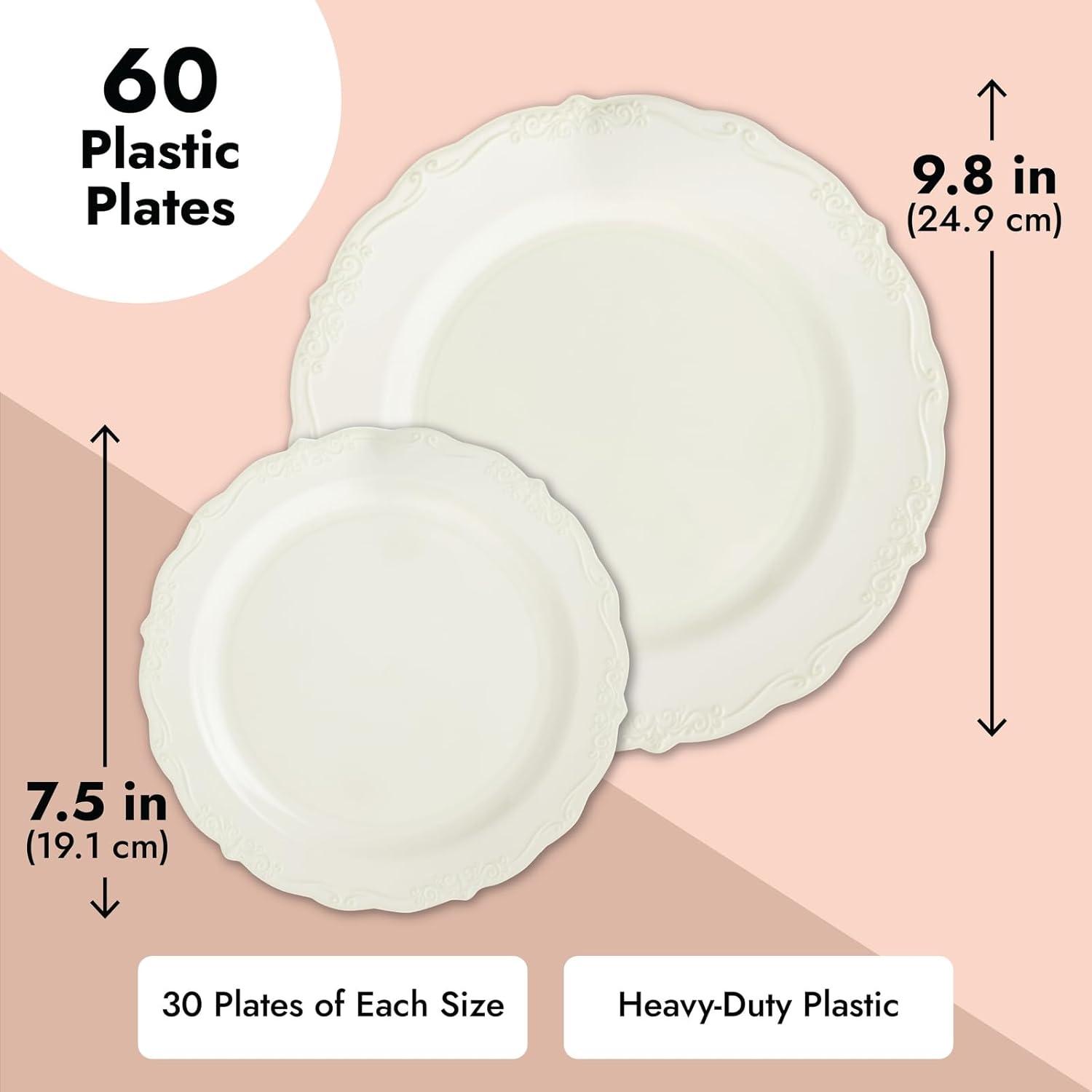 Sparkle and Bash Set of 60 Cream Plastic Plates, Elegant Vintage Design for Party, Weddings (30 Dinner Plates, 30 Appetizer Plates)