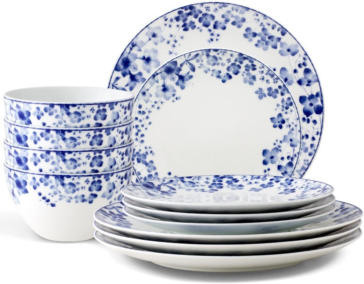 Blue and White Porcelain Floral 12-Piece Dinnerware Set