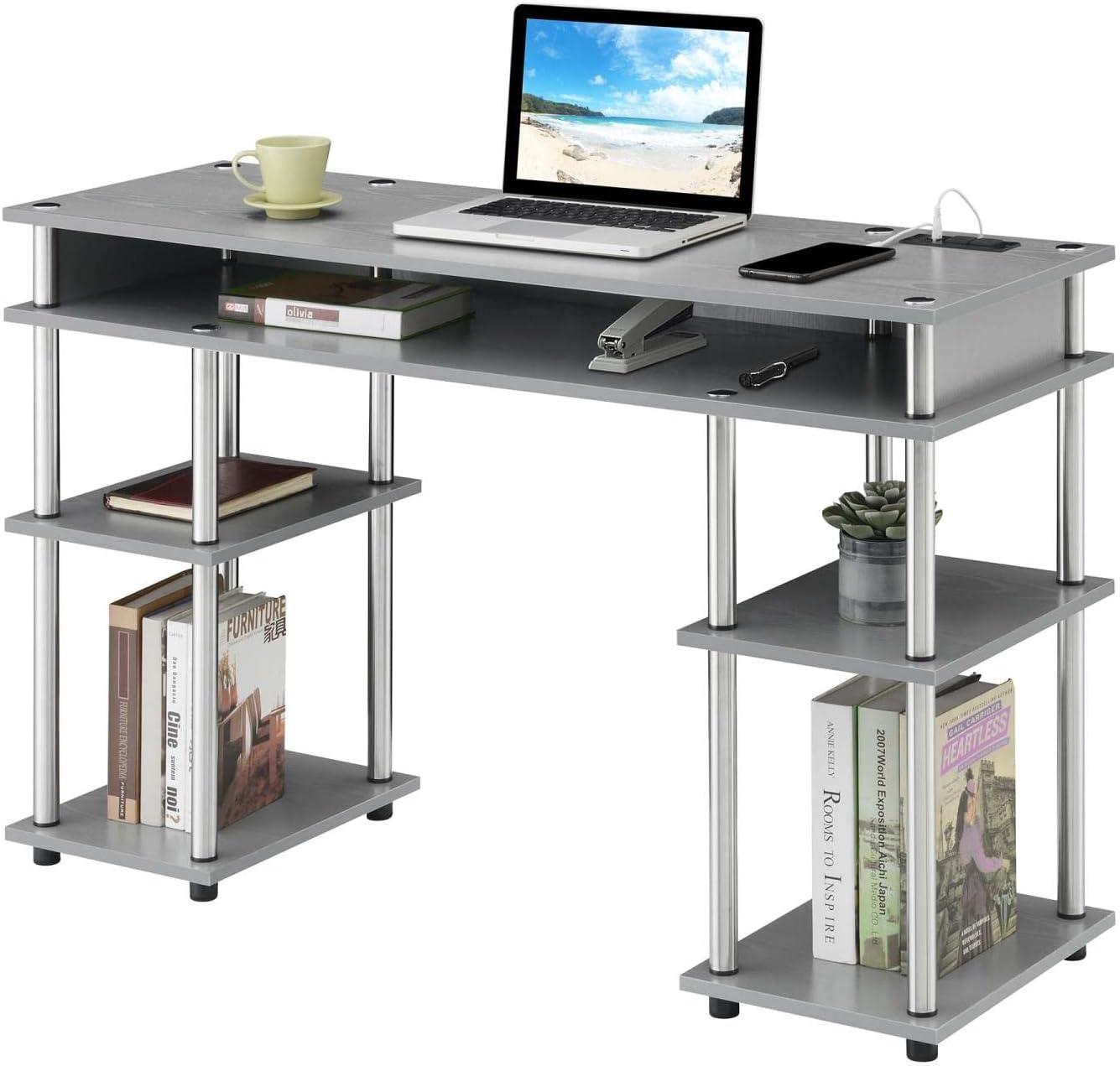 Adult, Designs2Go No Tools 30 inches Tall Student Desk w/ Charging Station and Shelves, Gray