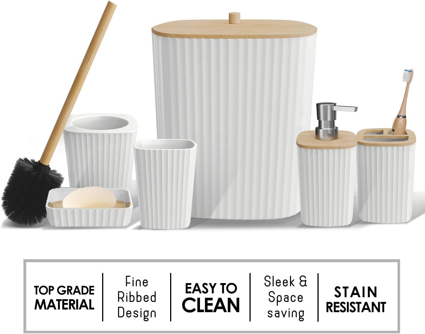 Clara Clark Bathroom Set - White Bathroom Accessories Set, 6PC Bathroom Accessory Set, Bathroom Sets with Adhesive Corner Shower Caddy Hanging, Toilet Brush, Trash Can & Soap Dispenser