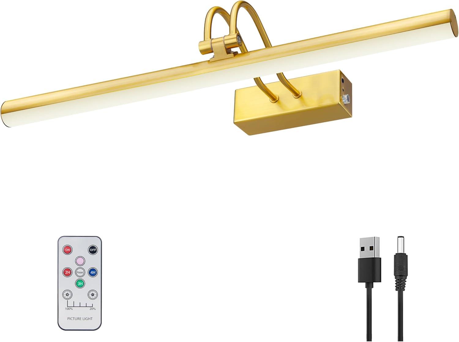 Picture Light,  Battery Operated Picture Lights For Paintings,Metal Remote Control Display Art Light With Timer And Dimmable For Wall Painting,Frame, Portrait, Dartboard-Brass