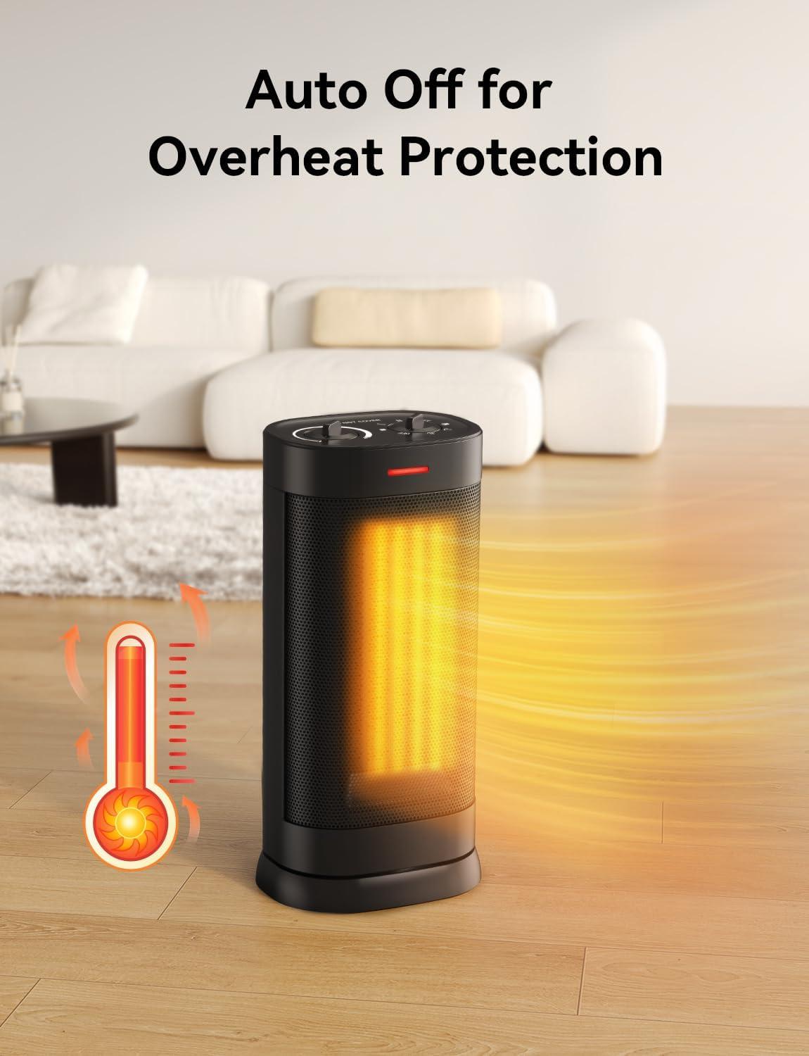 1500W Space Heaters for Indoor Use, Portable PTC Ceramic Space Heater, Small Space Heater with Thermostat, Three Modes, Overheat and Tip-Over Protection for Office Home
