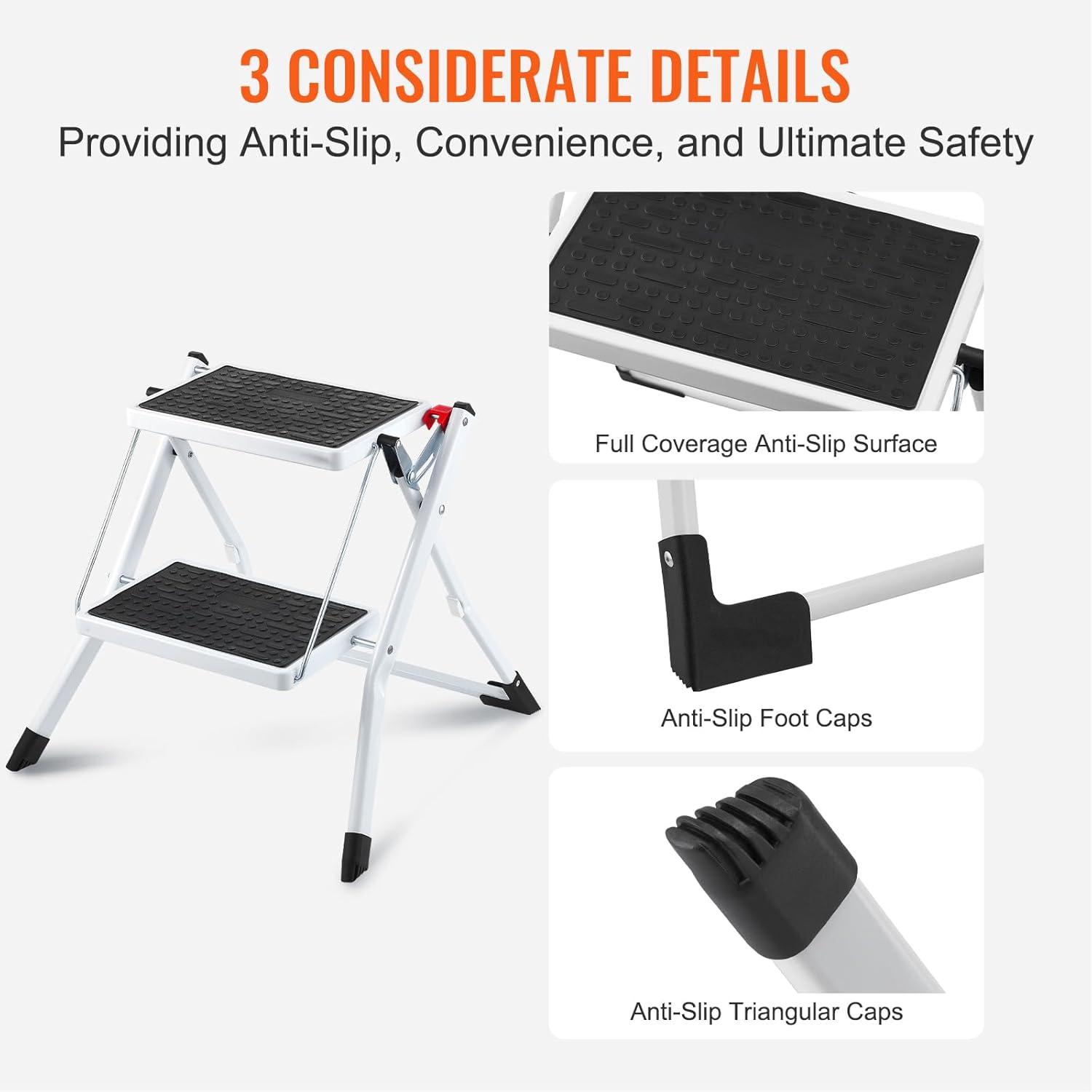 Foldable White Steel 2-Step Ladder with Anti-Slip Pedal