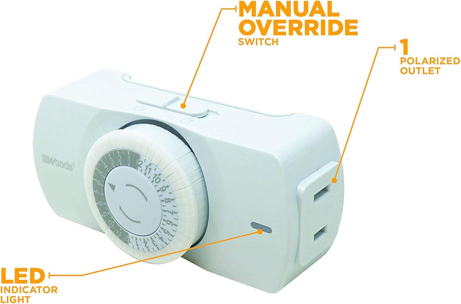Woods 50101WD Easy-to-use Narrow Style Indoor 24-Hour Mechanical Timer, Single 2-prong (polarized) Outlet, White