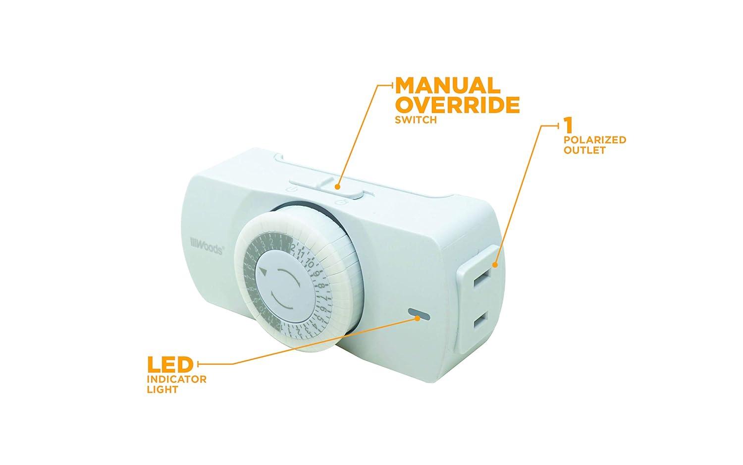 Woods 50101WD Easy-to-use Narrow Style Indoor 24-Hour Mechanical Timer, Single 2-prong (polarized) Outlet, White