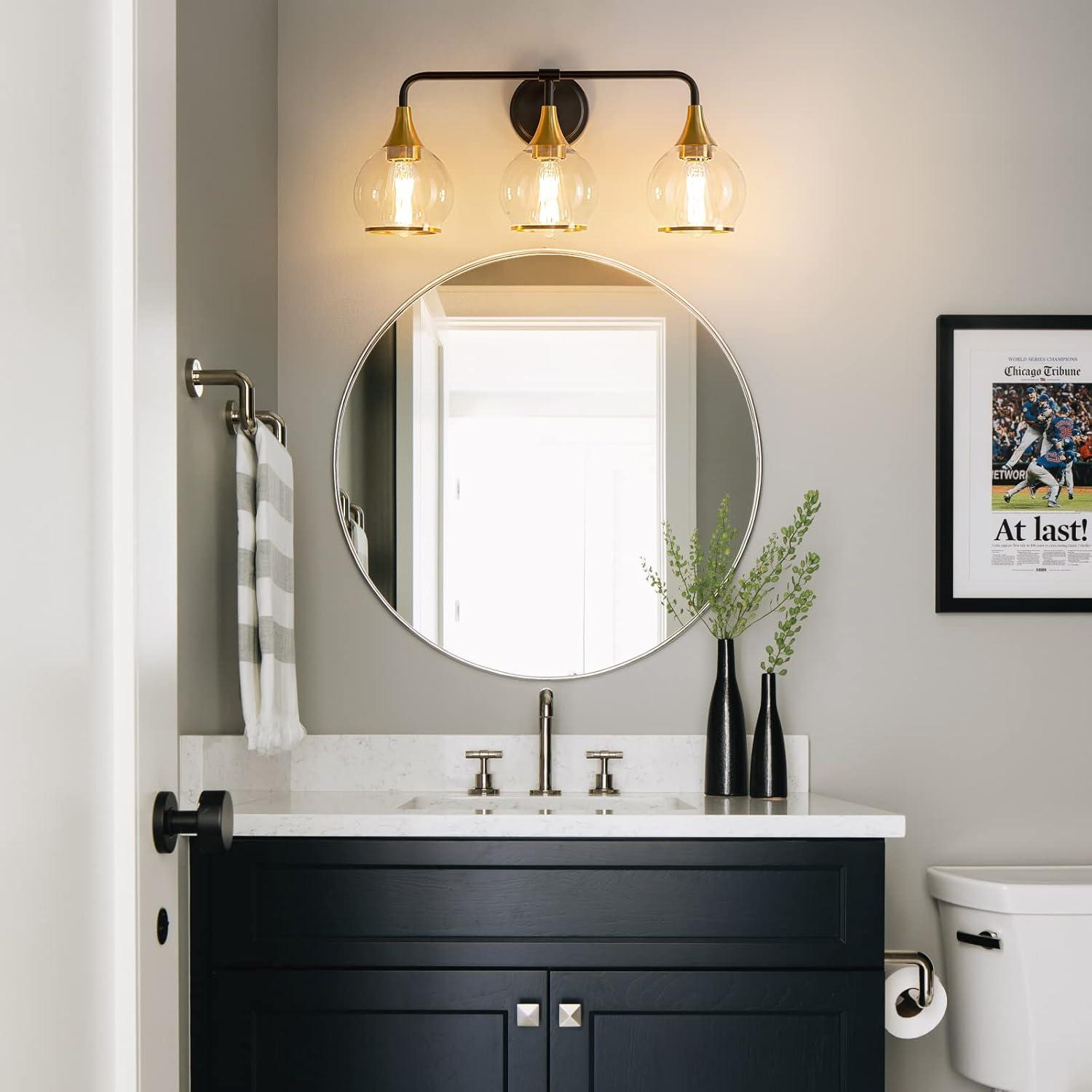 Black and Gold Bathroom Light Fixtures 2-Lights Vanity Lights with Clear Glass Shade Bathroom Vanity Light 14 Inch Wall Sconces(Exclude E26 Bulb)…